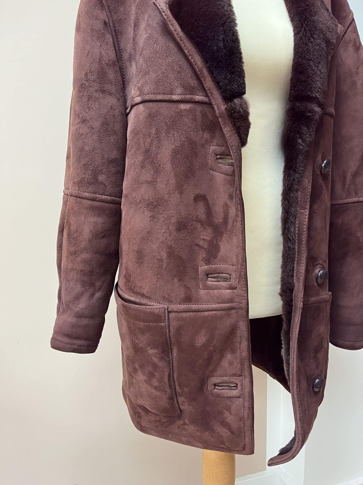 Chocolate brown shearling suede coat. Size 12-16