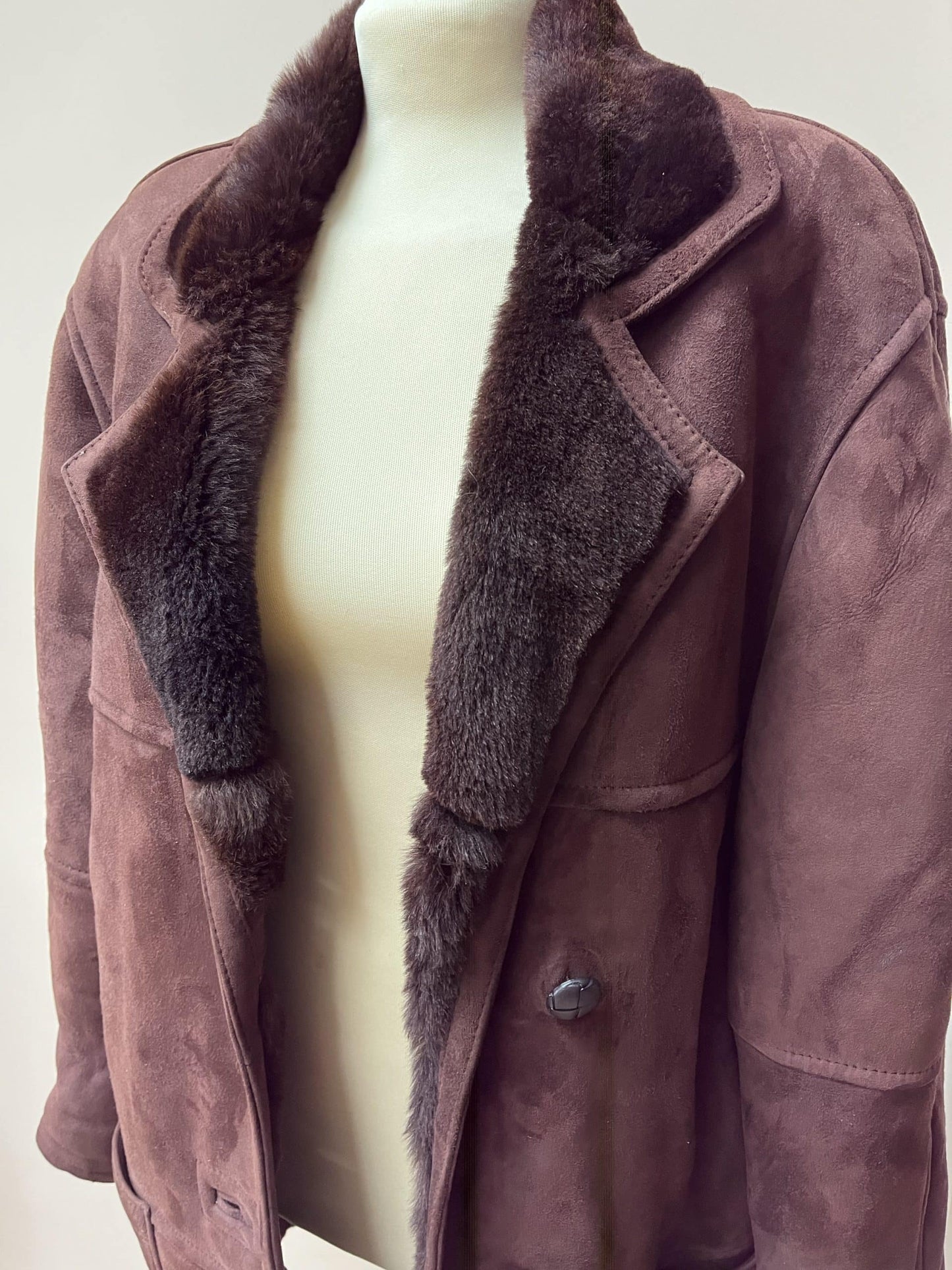 Chocolate brown shearling suede coat. Size 12-16