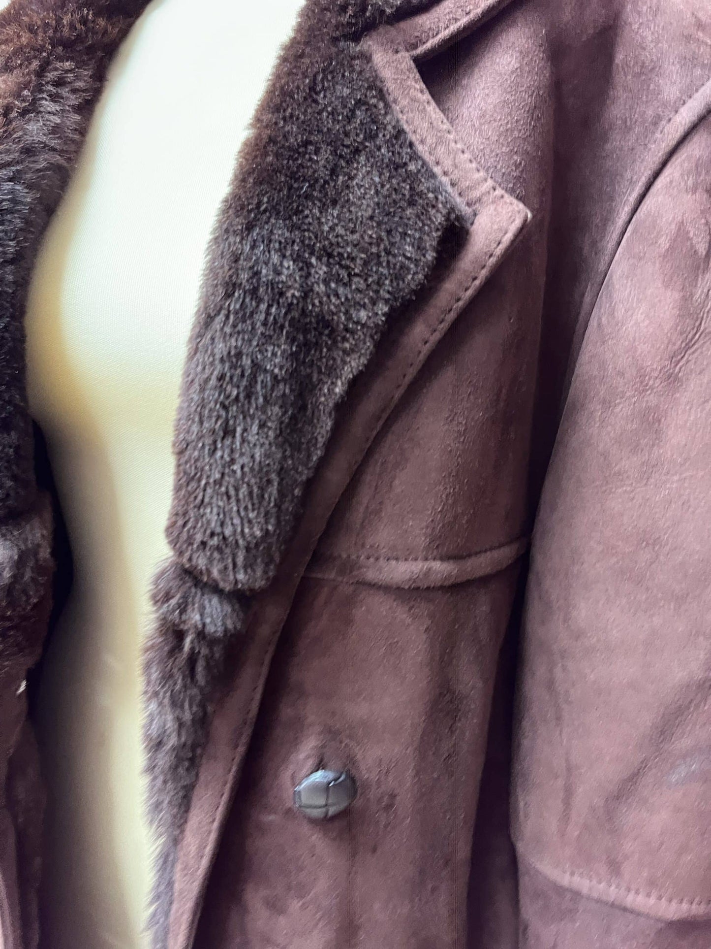 Chocolate brown shearling suede coat. Size 12-16