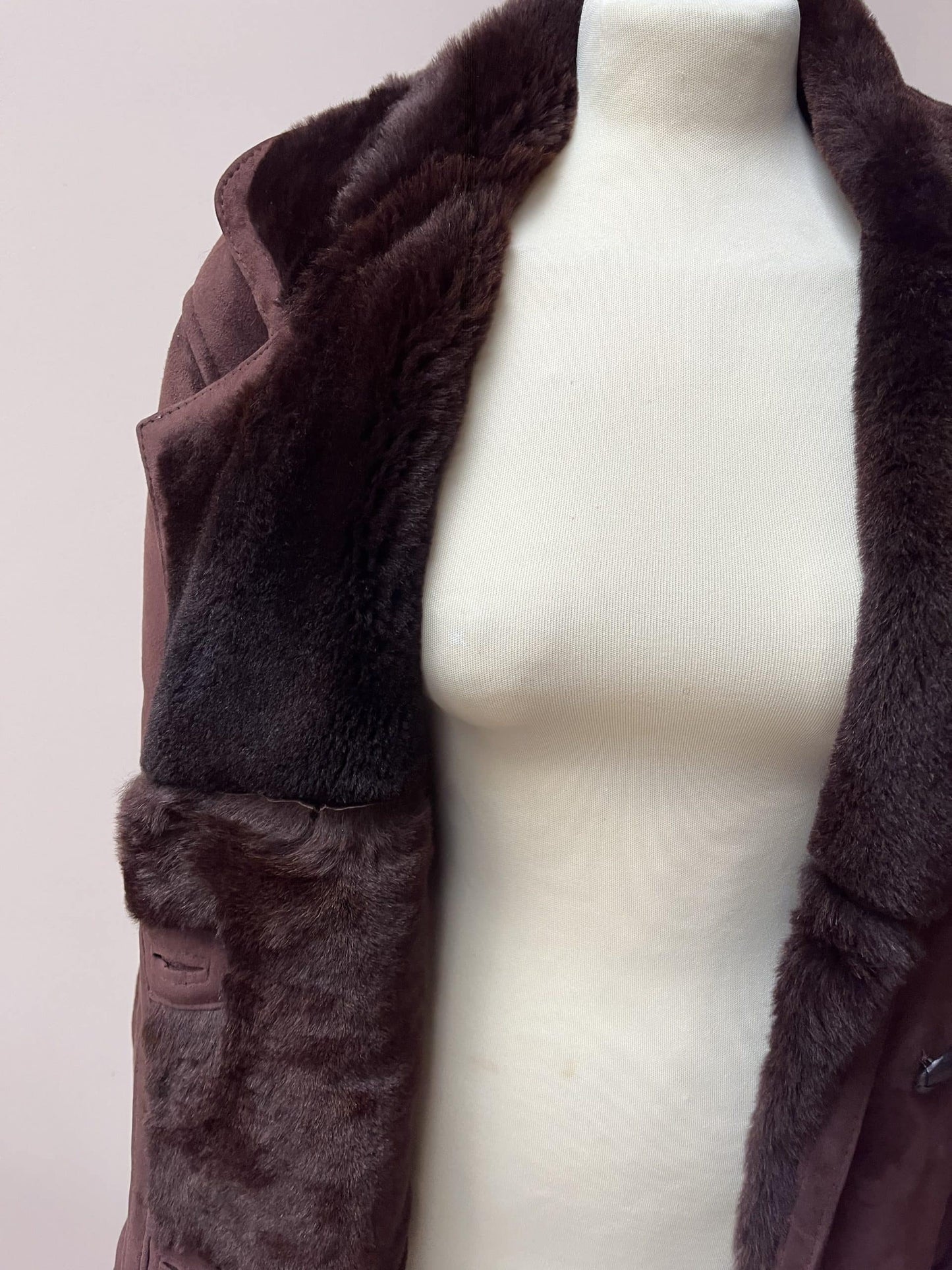 Chocolate brown shearling suede coat. Size 12-16