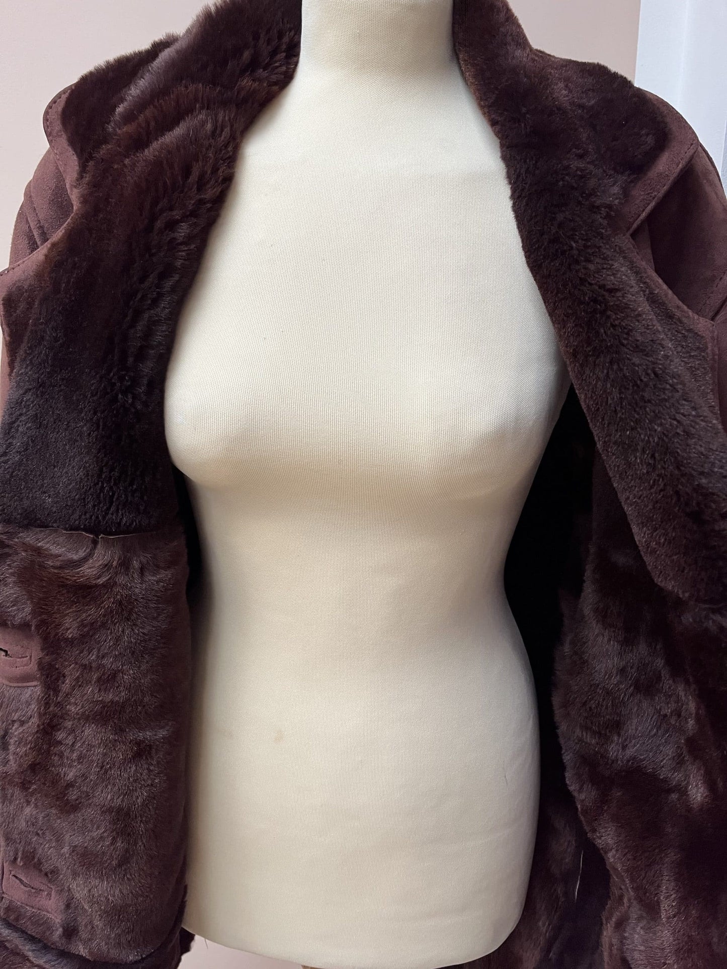 Chocolate brown shearling suede coat. Size 12-16
