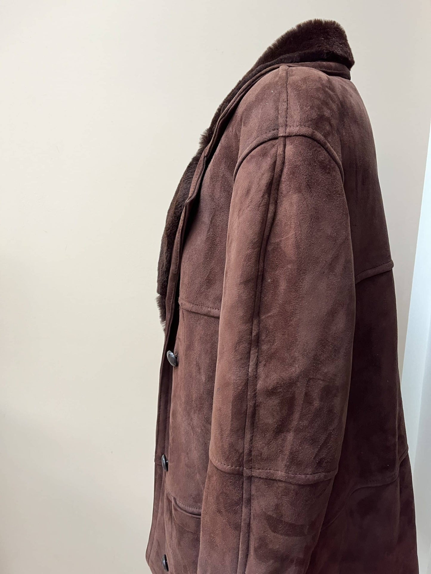 Chocolate brown shearling suede coat. Size 12-16