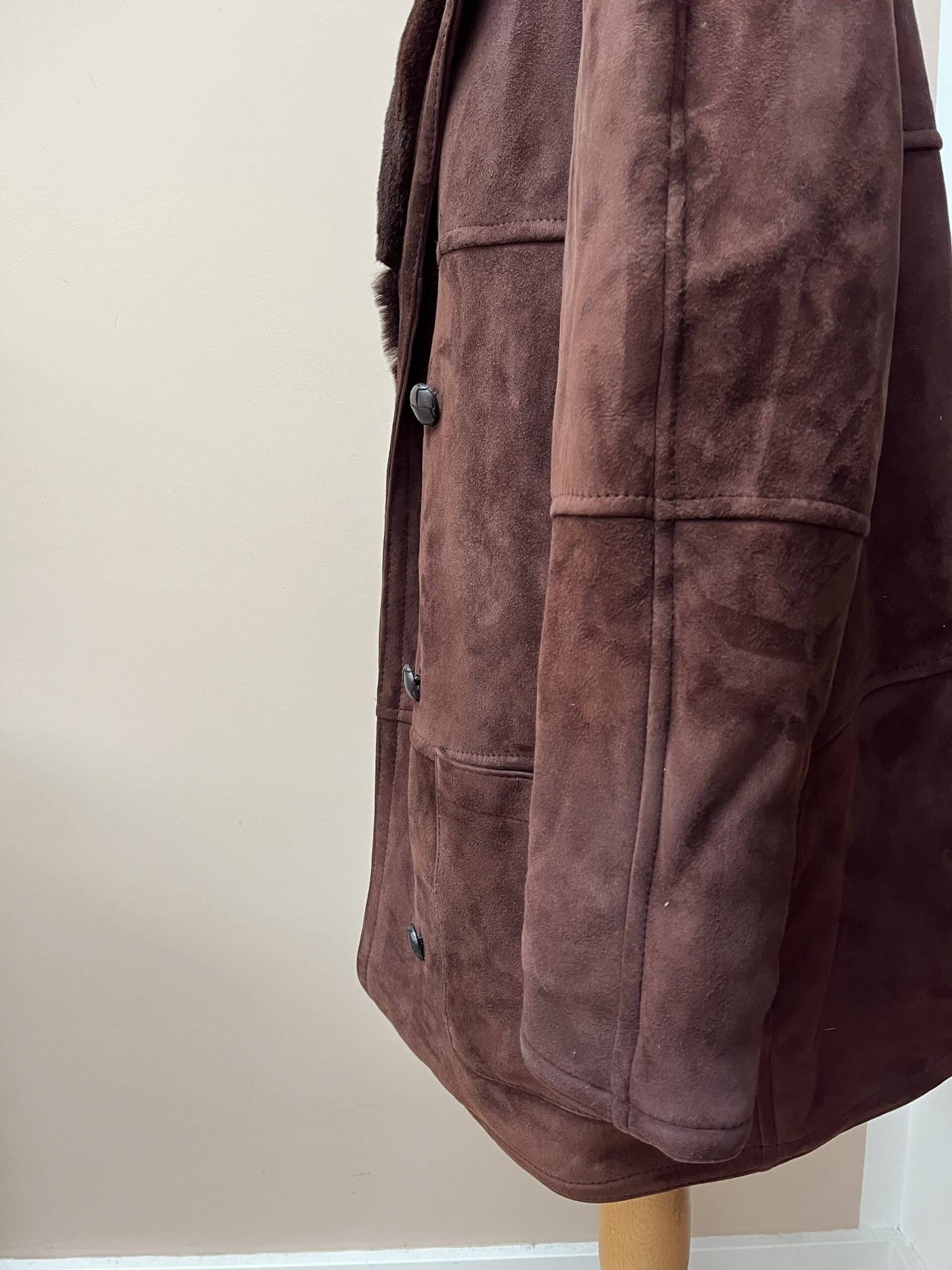 Chocolate brown shearling suede coat. Size 12-16