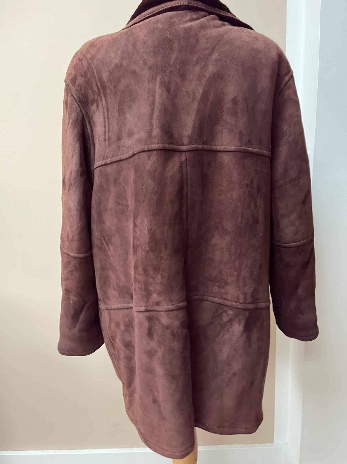 Chocolate brown shearling suede coat. Size 12-16