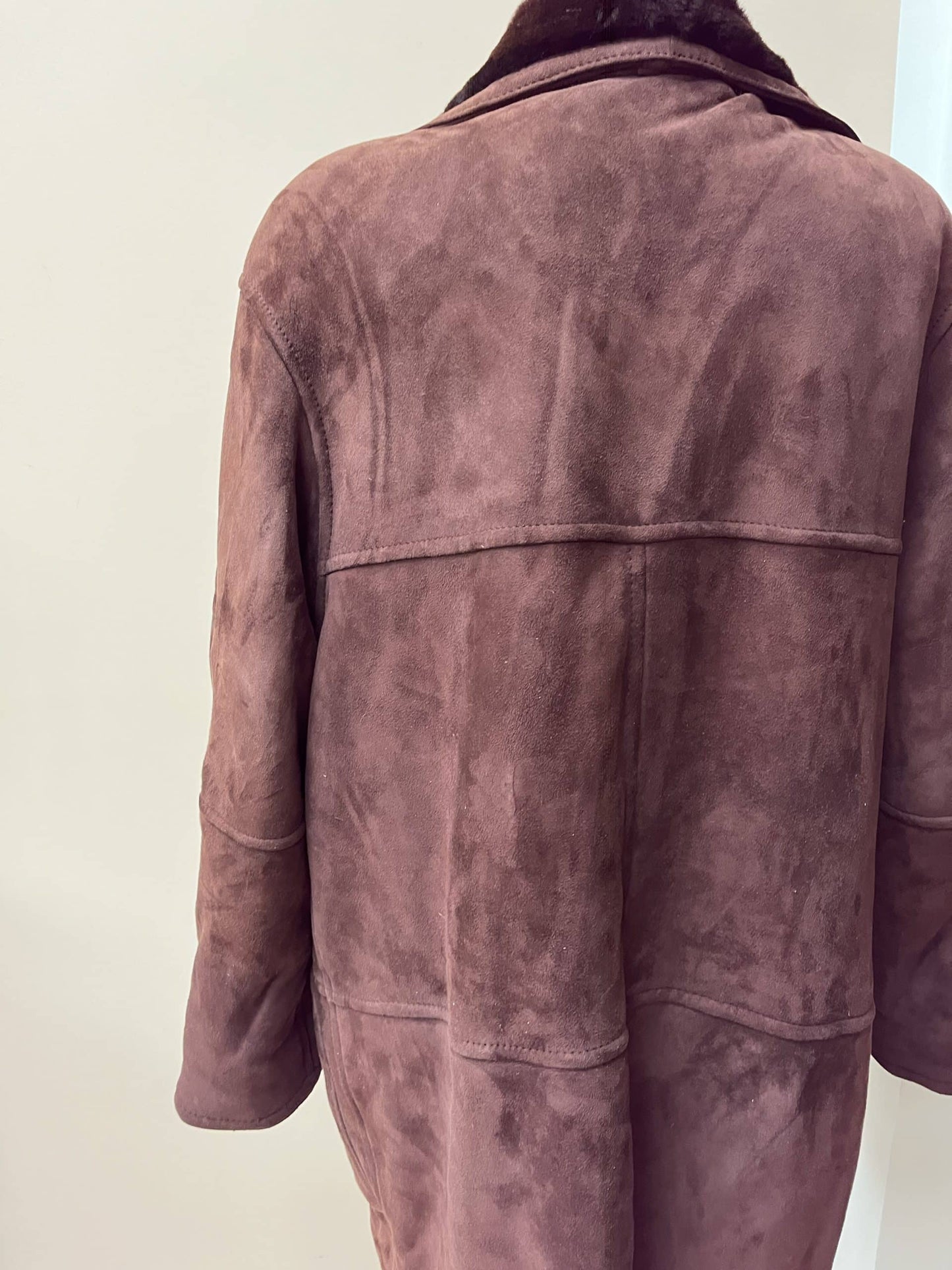 Chocolate brown shearling suede coat. Size 12-16