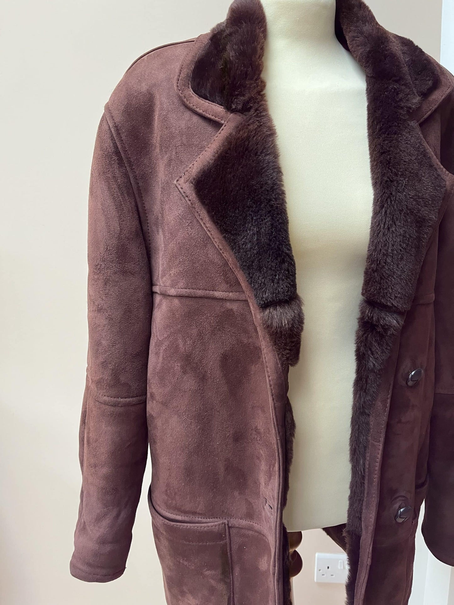 Chocolate brown shearling suede coat. Size 12-16