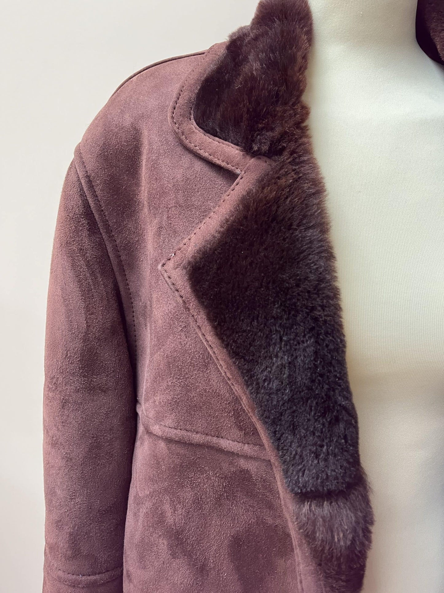 Chocolate brown shearling suede coat. Size 12-16