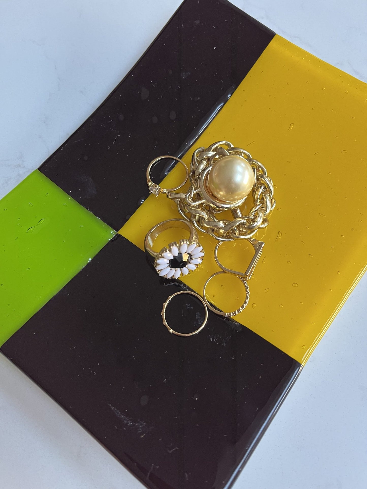 Vintage curved glass trinket tray in block colours