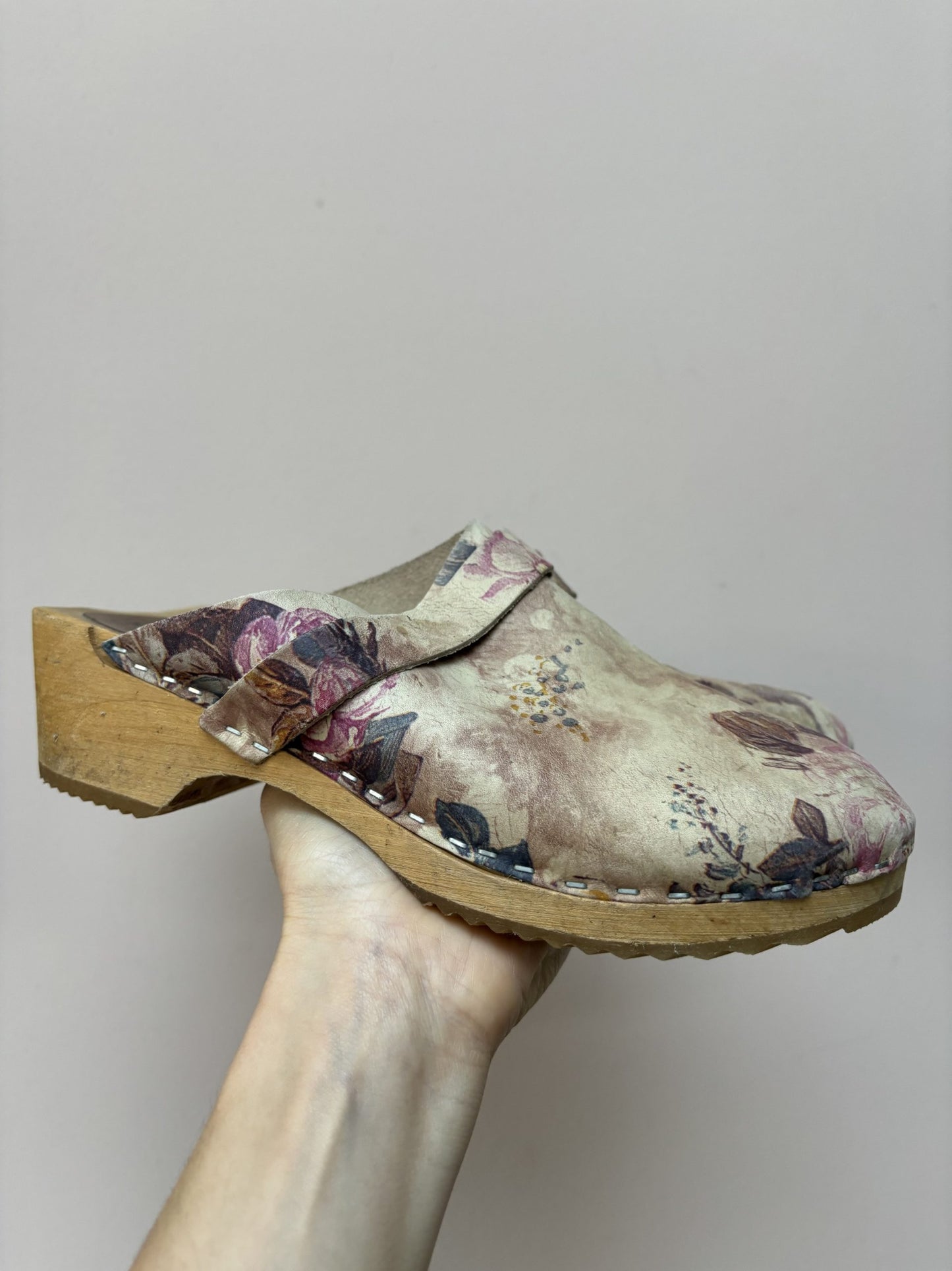 Swedish floral leather wooden clogs size UK6
