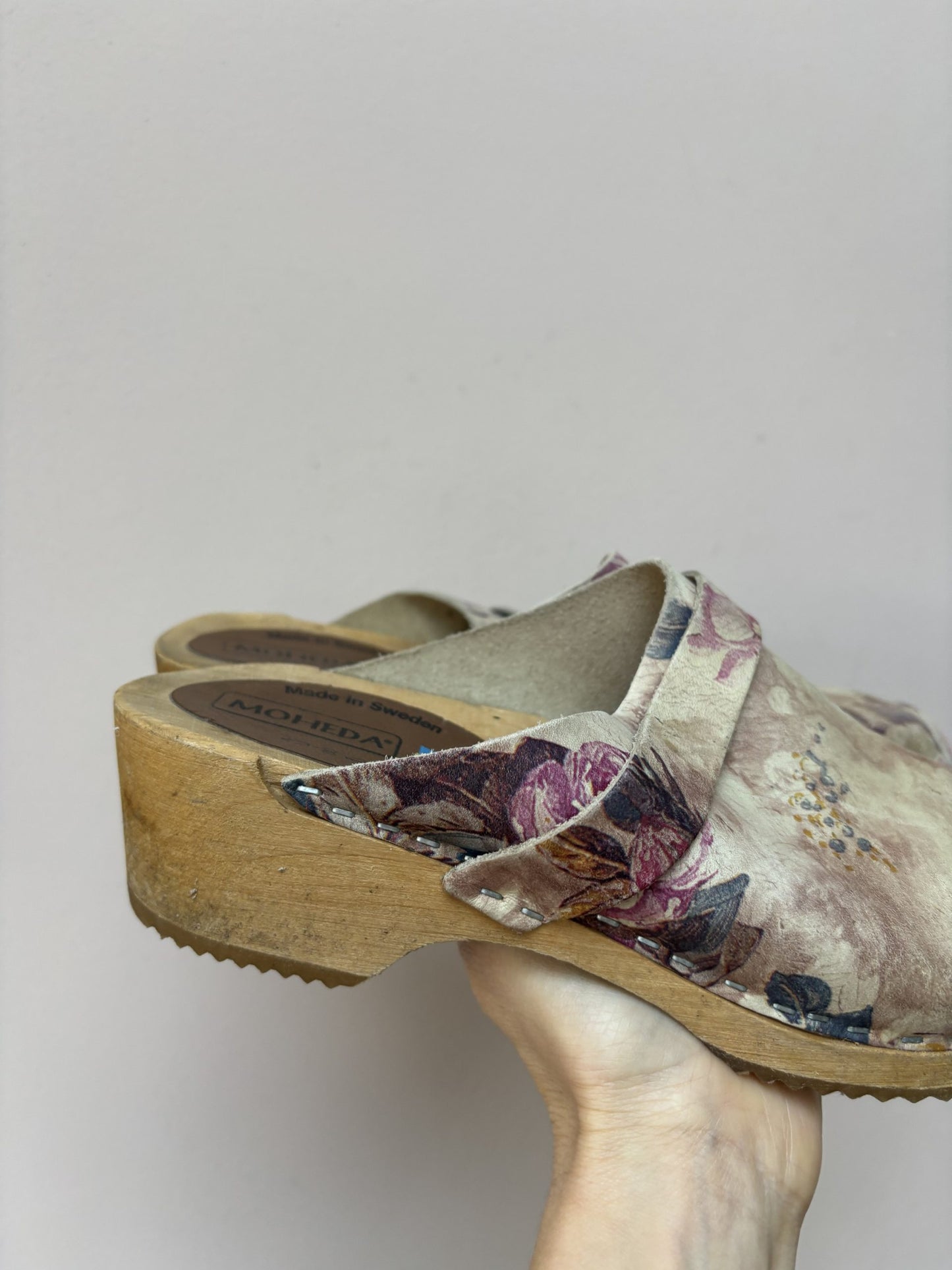 Swedish floral leather wooden clogs size UK6