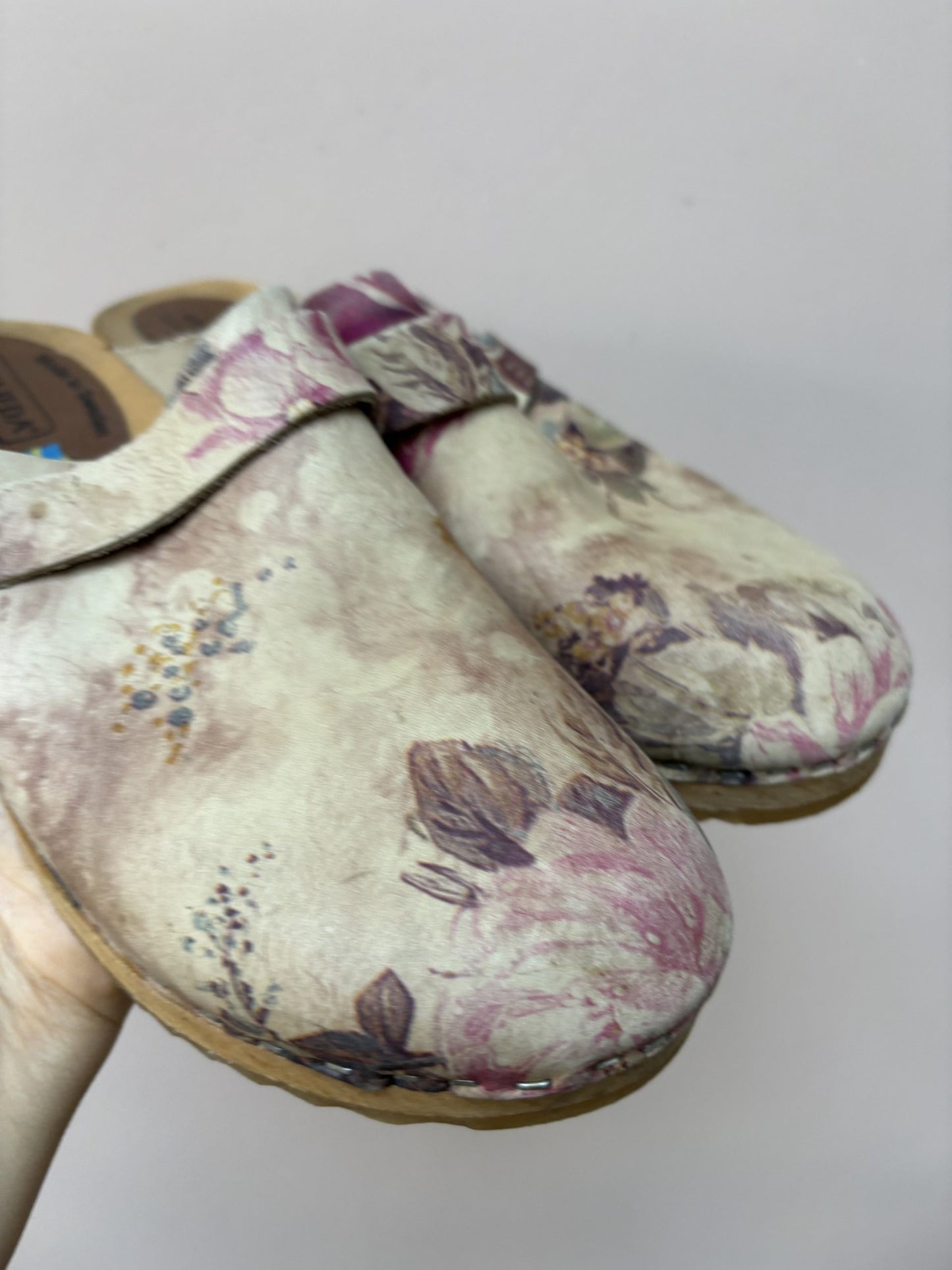 Swedish floral leather wooden clogs size UK6