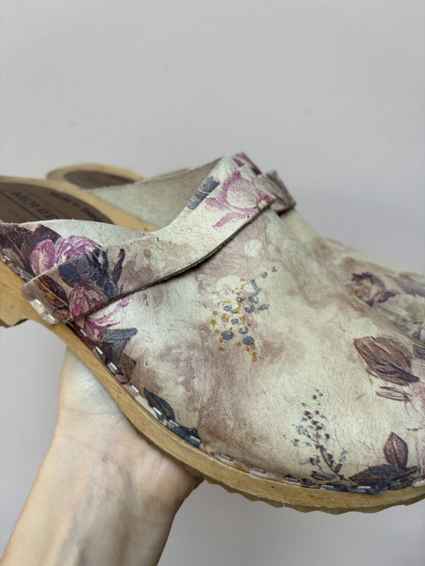 Swedish floral leather wooden clogs size UK6