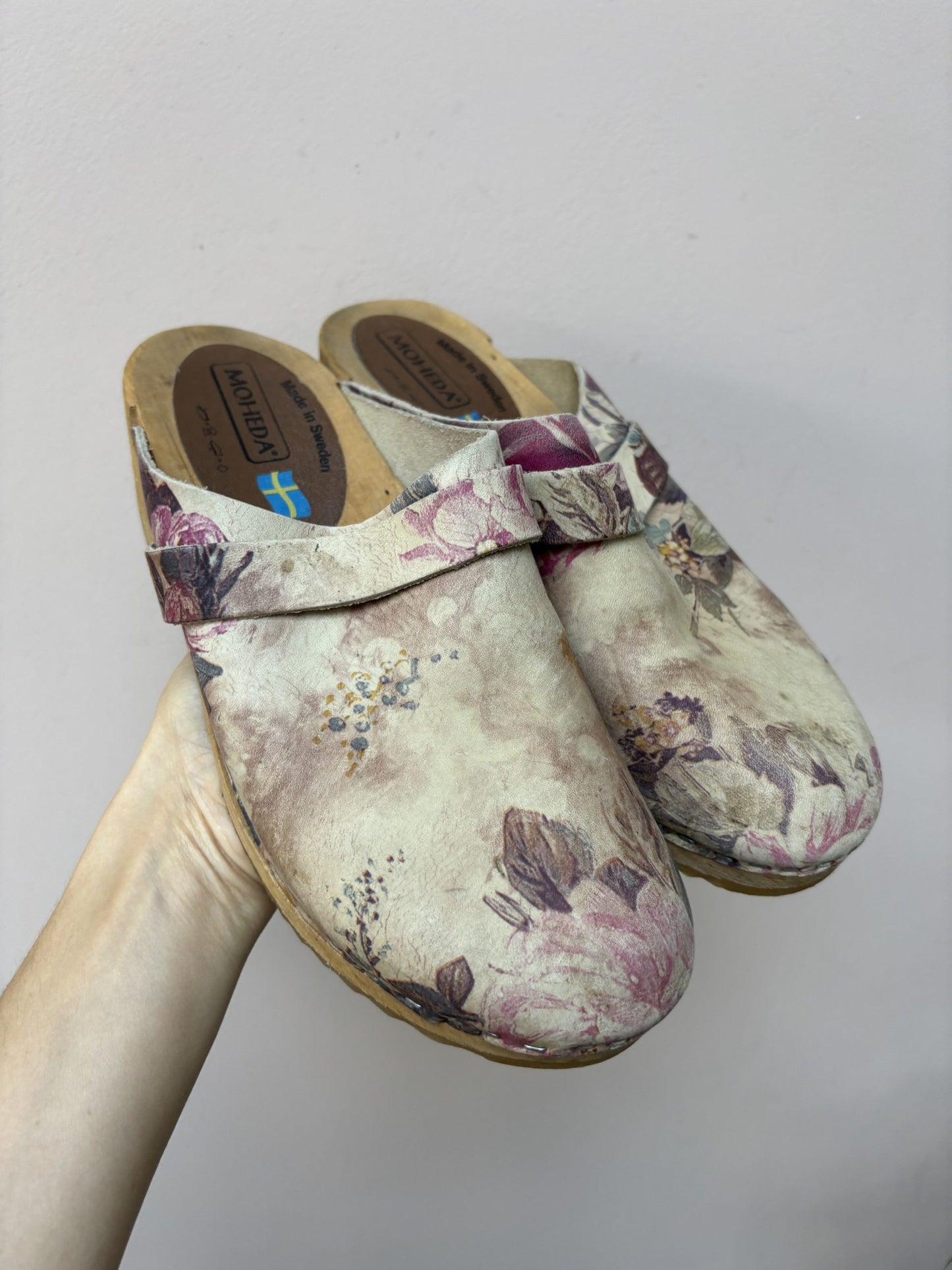 Swedish floral leather wooden clogs size UK6