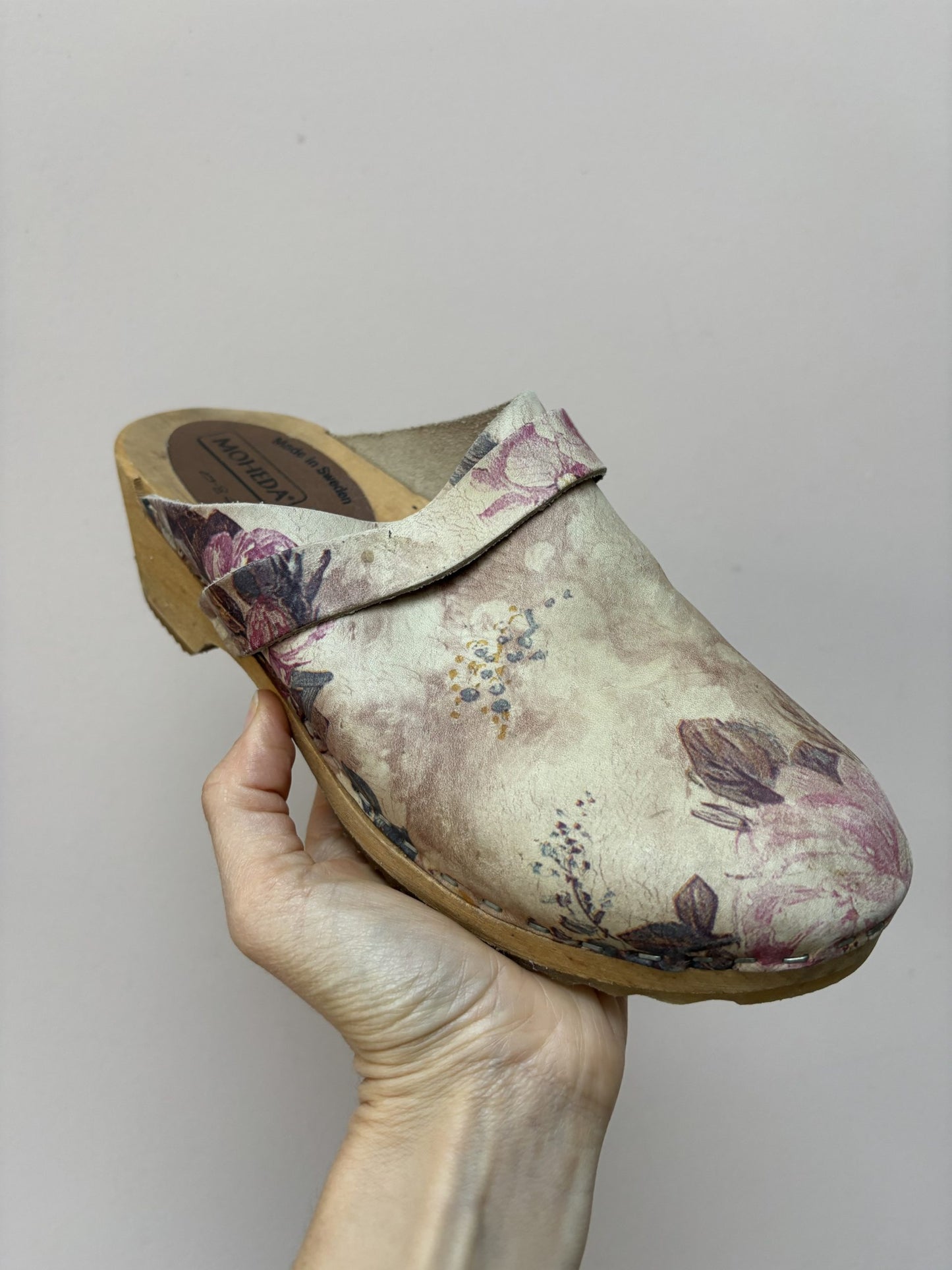 Swedish floral leather wooden clogs size UK6