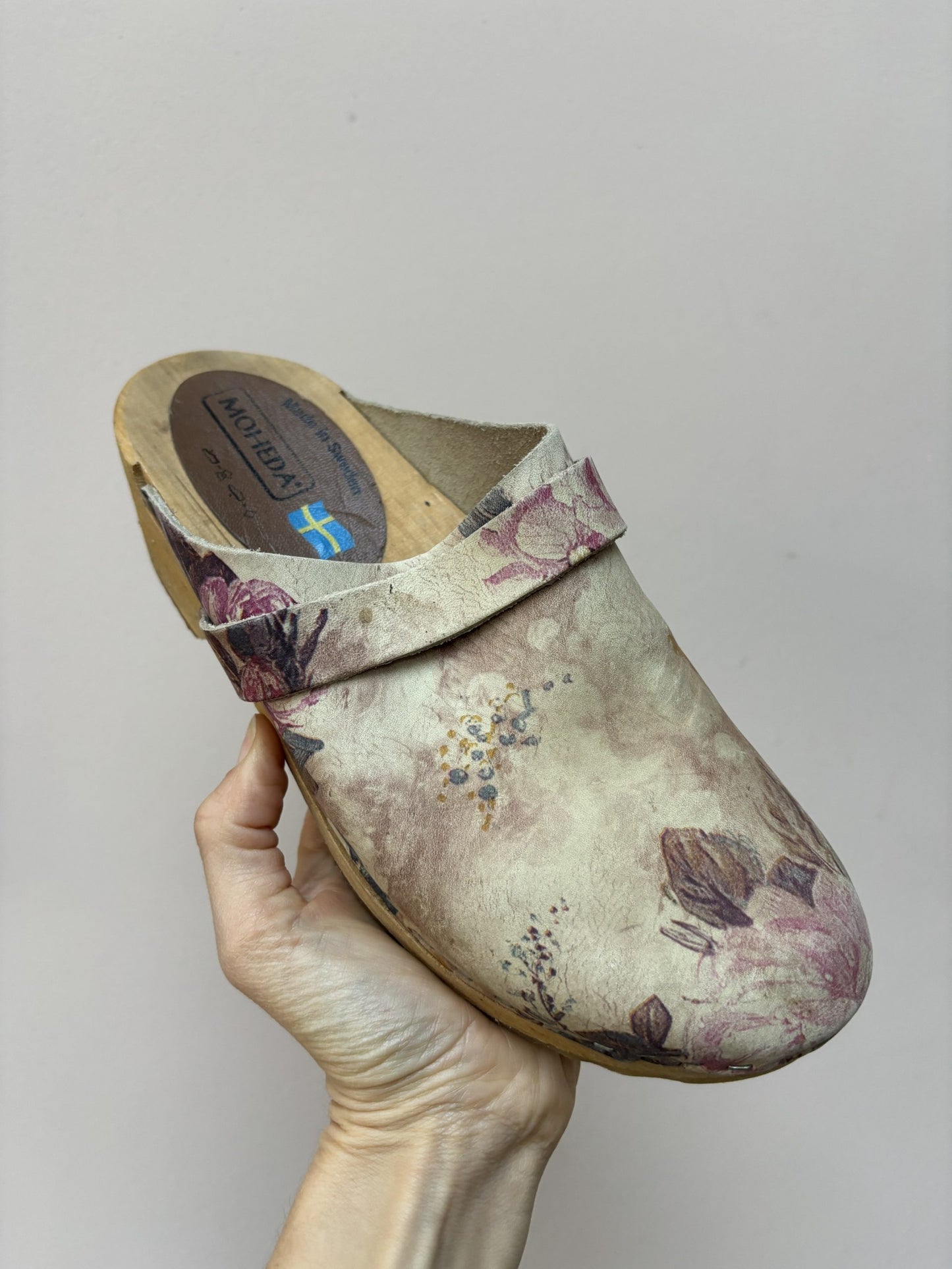 Swedish floral leather wooden clogs size UK6