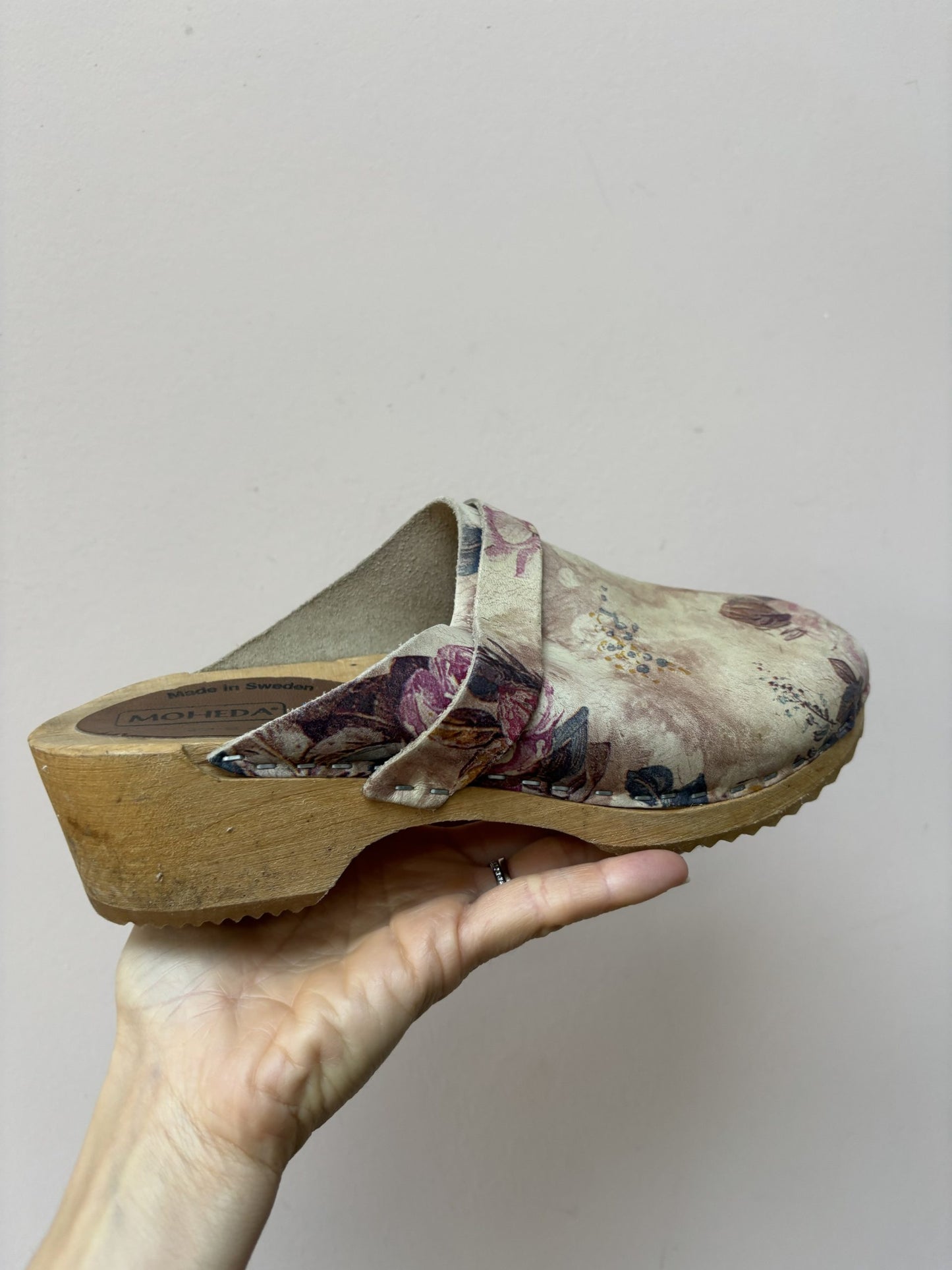 Swedish floral leather wooden clogs size UK6
