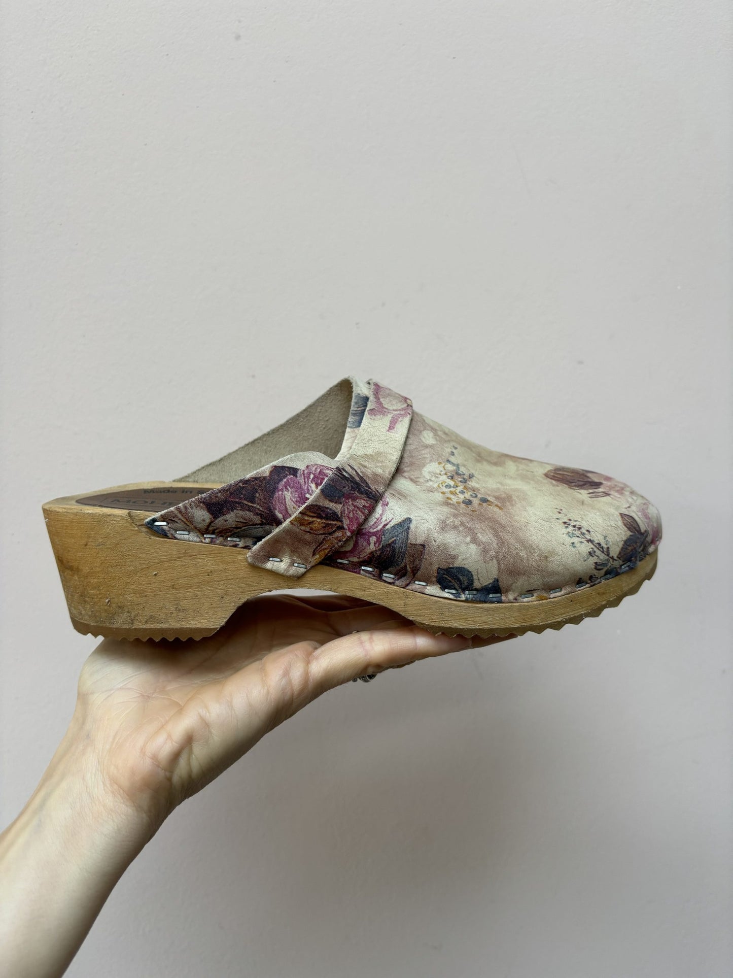 Swedish floral leather wooden clogs size UK6