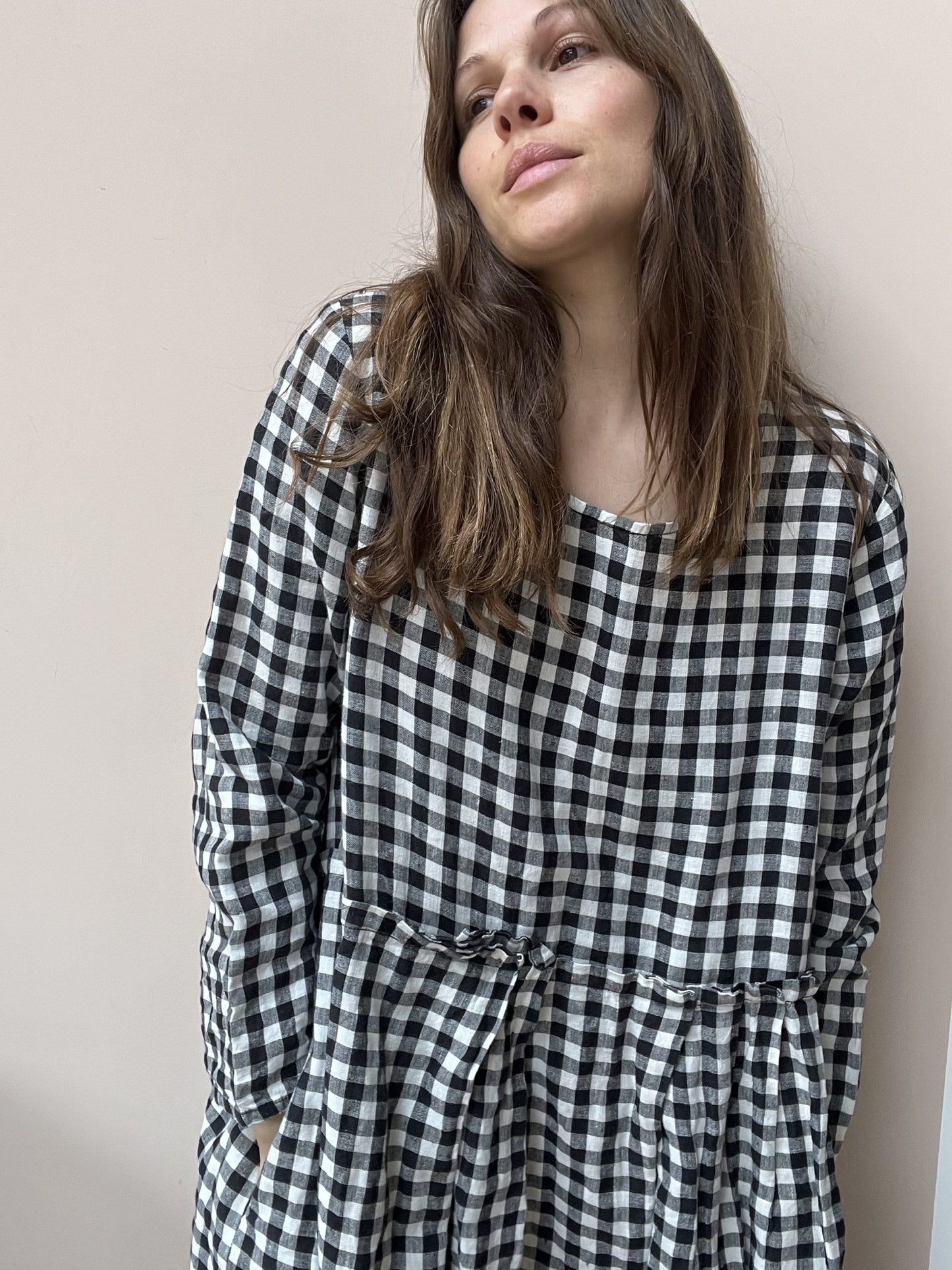 Long linen check dress size large