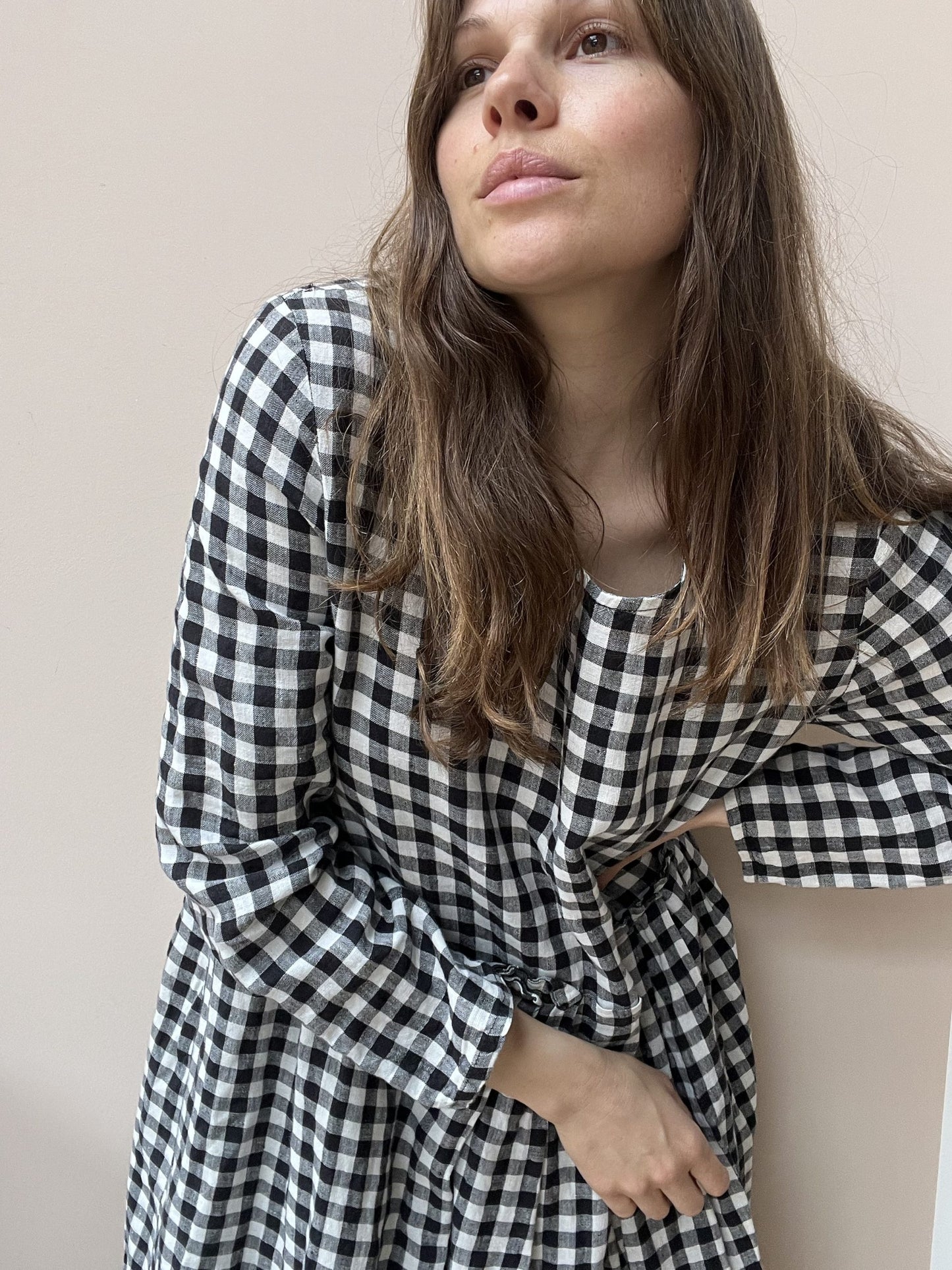 Long linen check dress size large