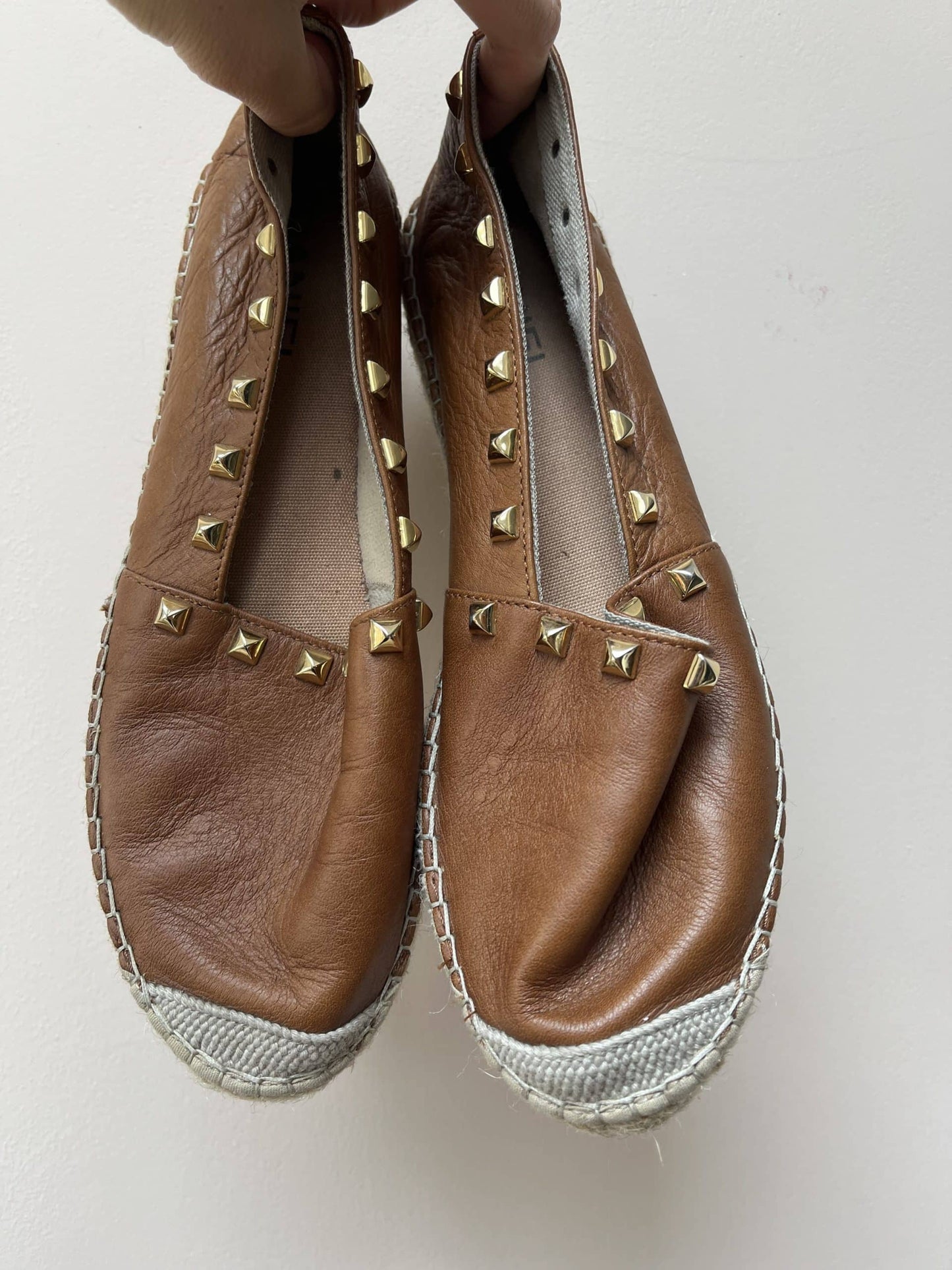 Brown leather gold studded shoes uk6