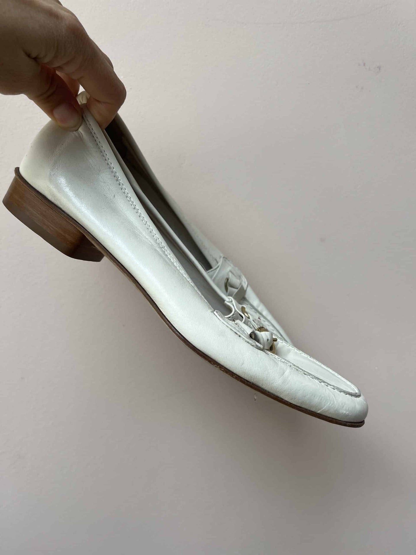 White leather mules with gold buckle size uk4.5