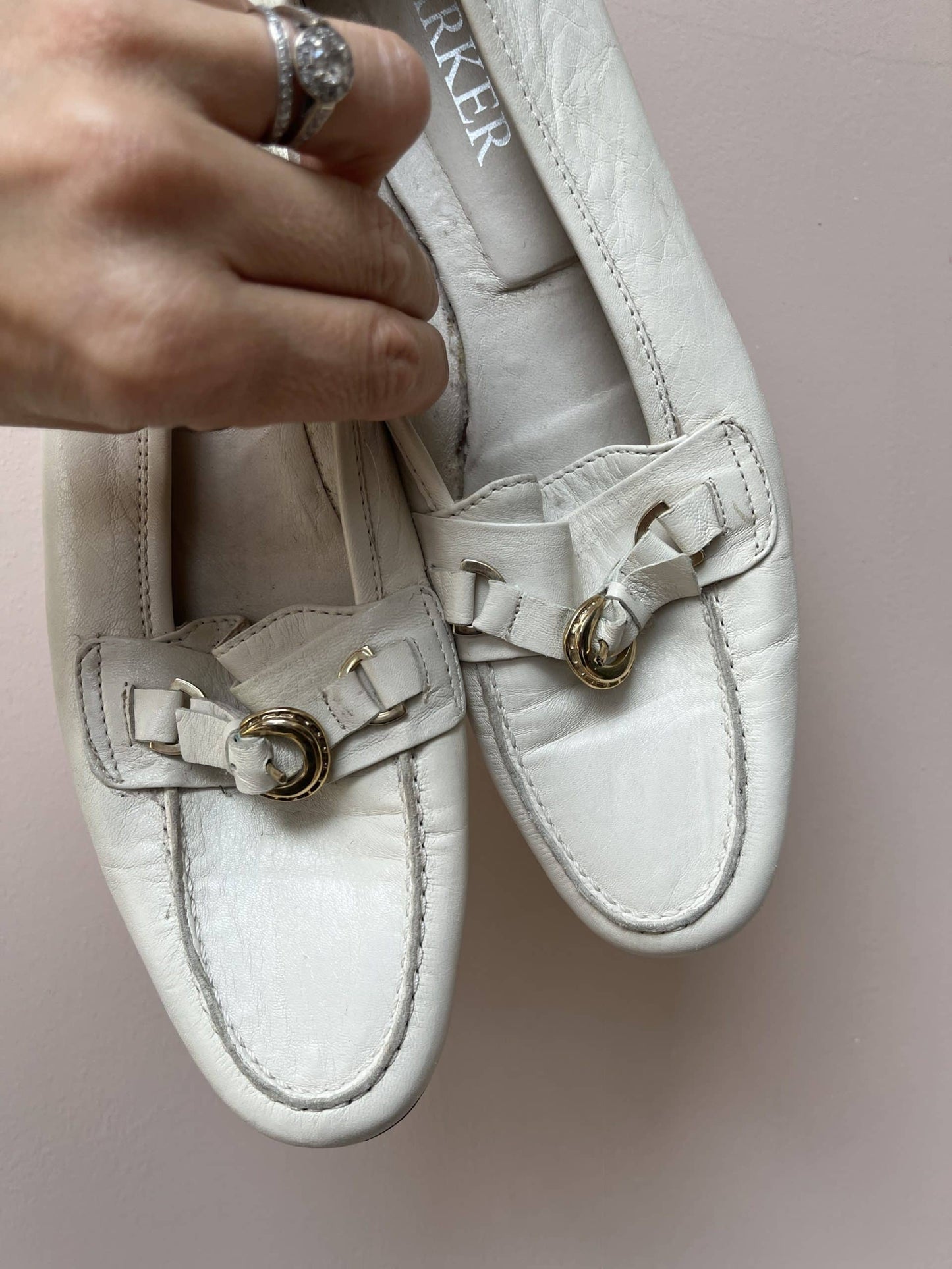 White leather mules with gold buckle size uk4.5