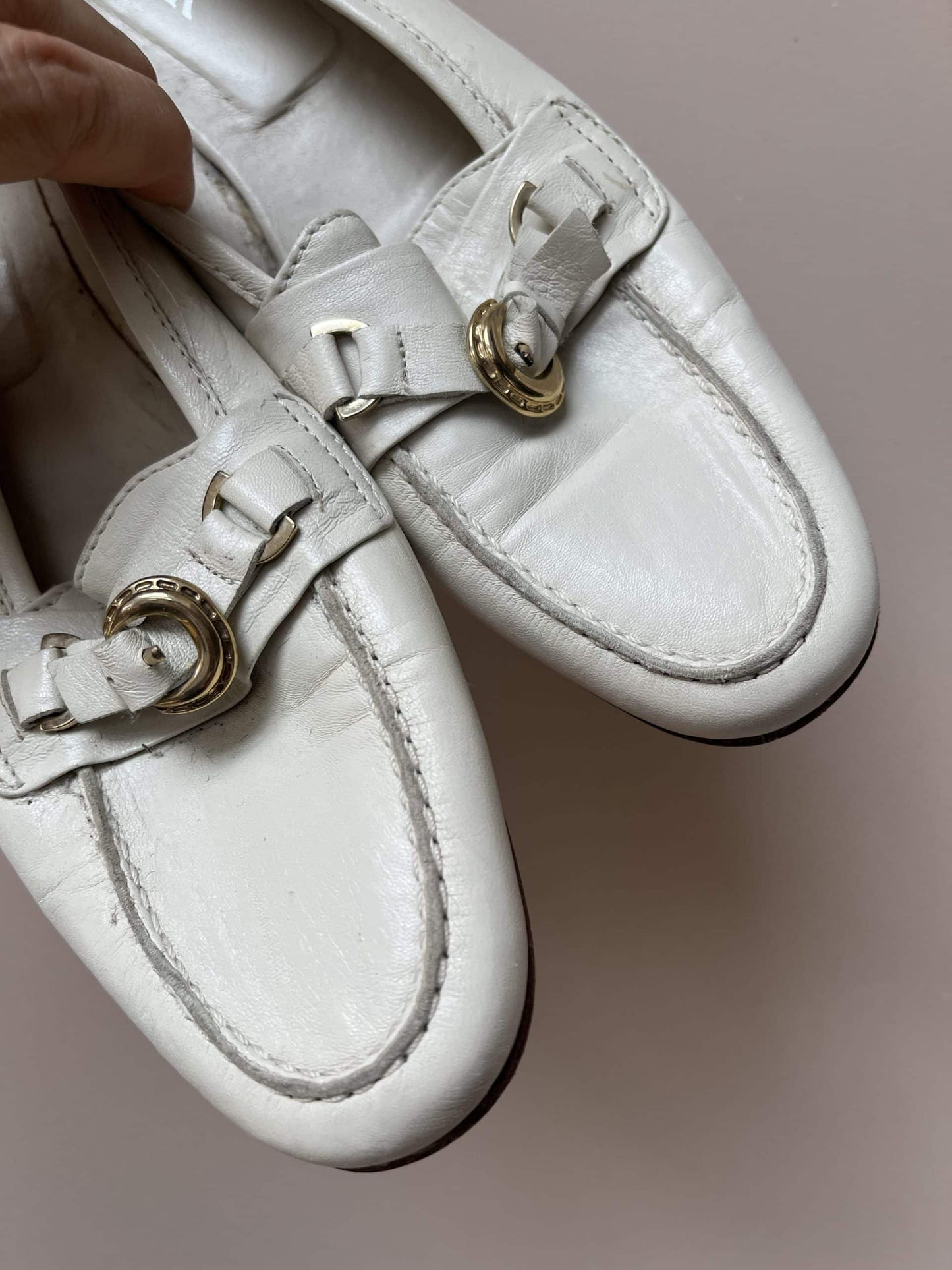 White leather mules with gold buckle size uk4.5