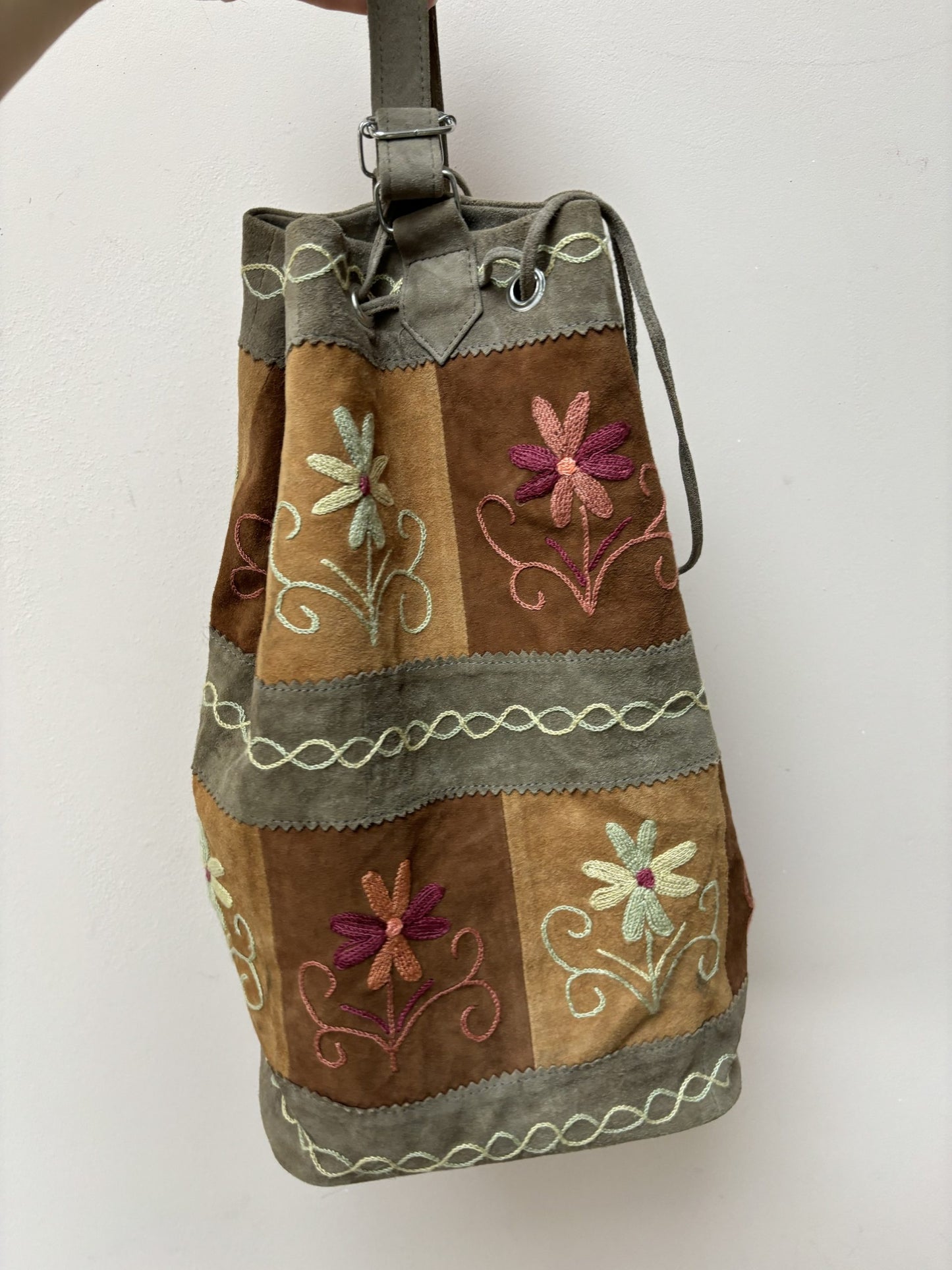 Suede embroidered floral bag