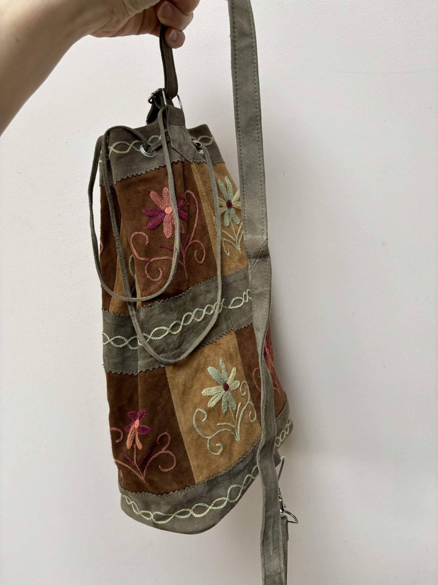 Suede embroidered floral bag