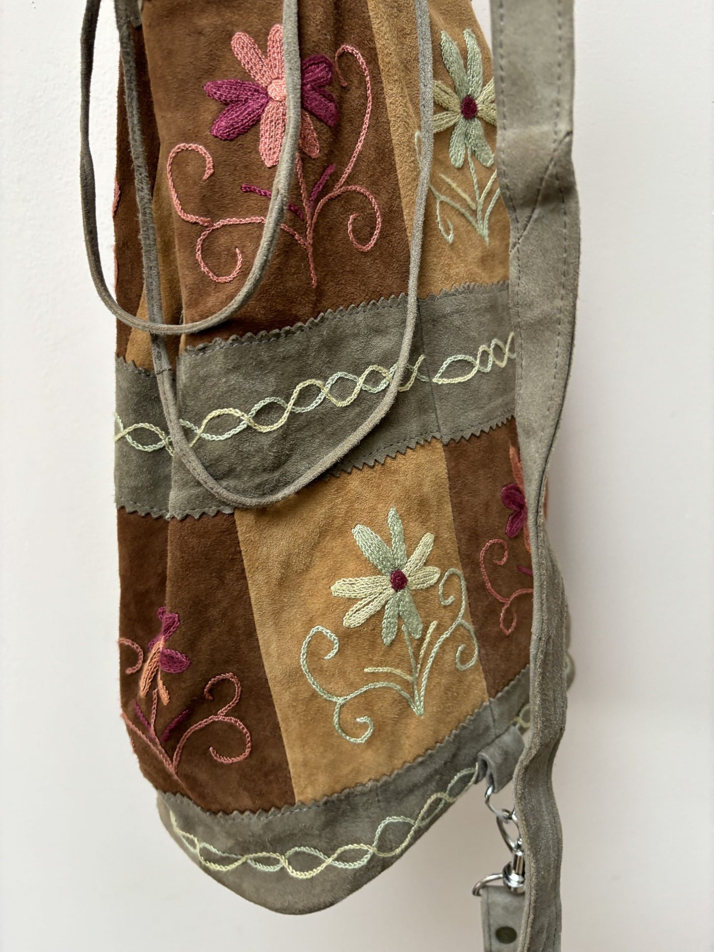 Suede embroidered floral bag