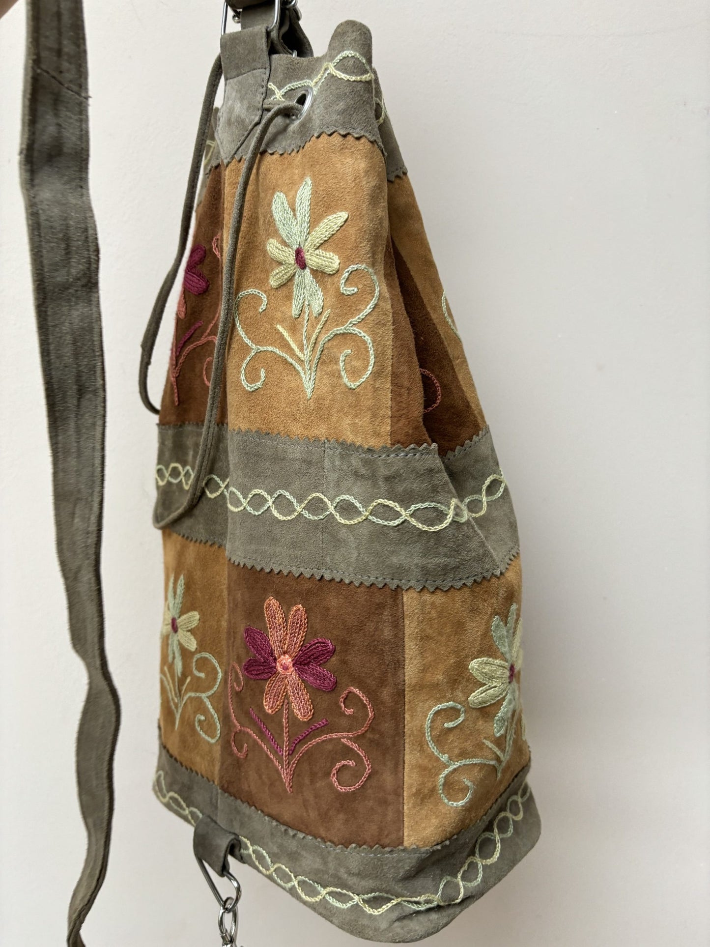 Suede embroidered floral bag