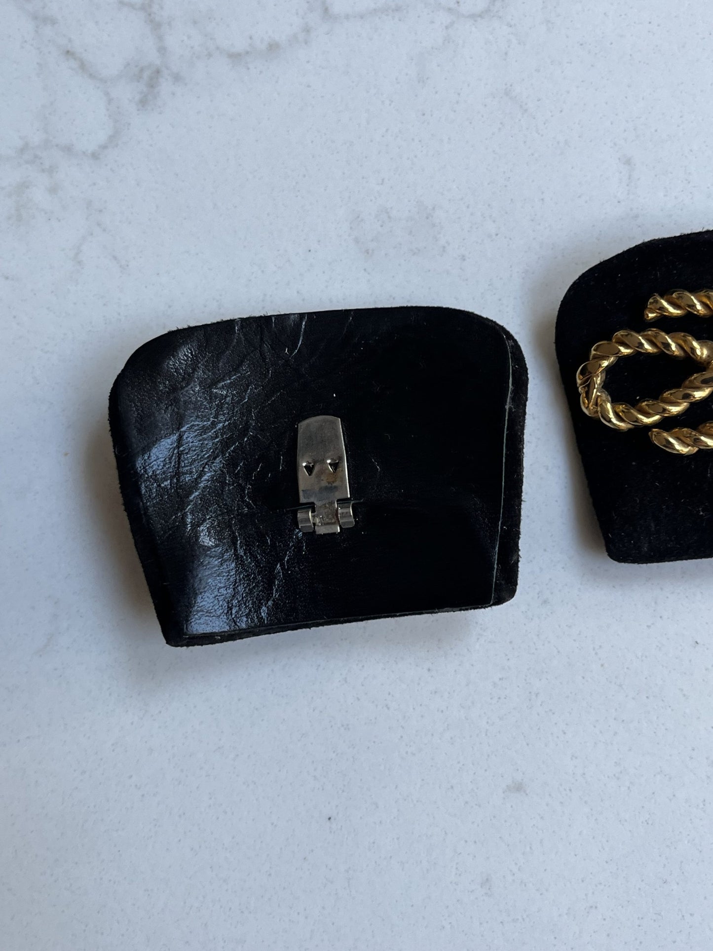 Black leather gold buckle shoe fronts
