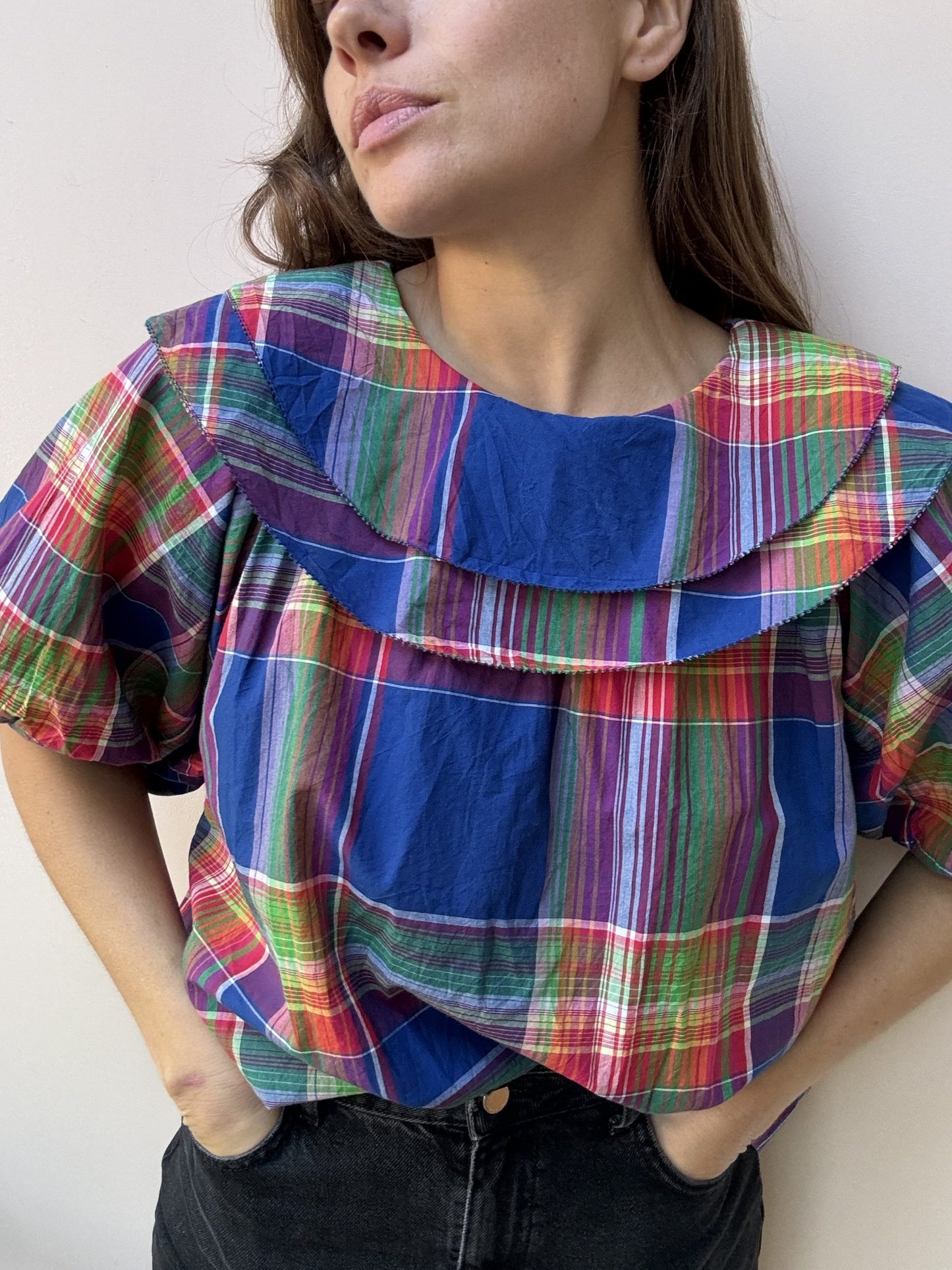 Colourful oversized collar top size 14