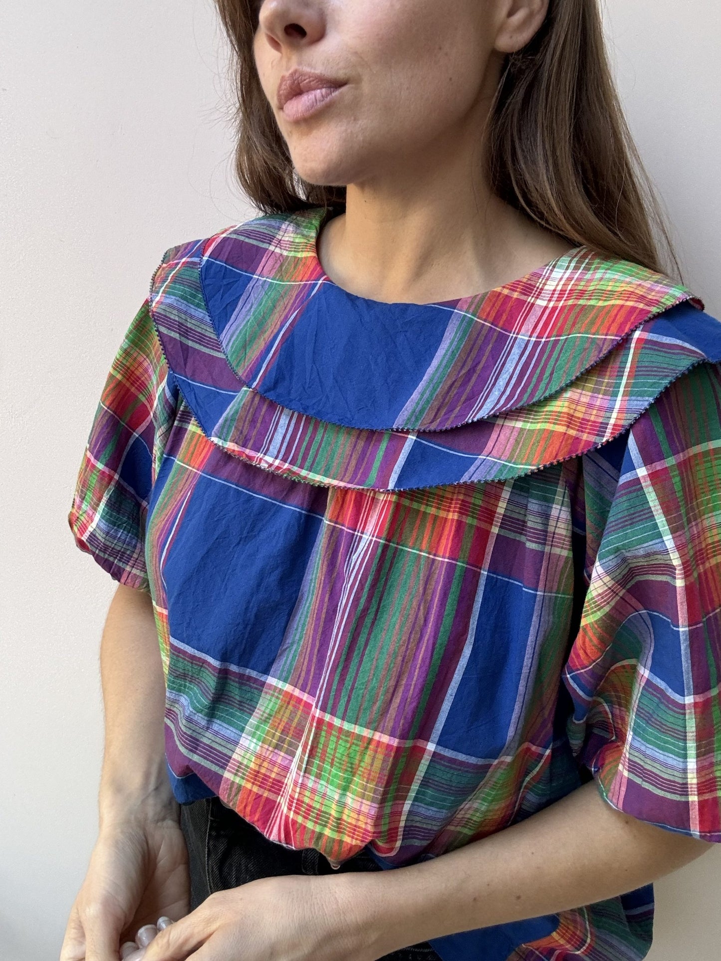 Colourful oversized collar top size 14