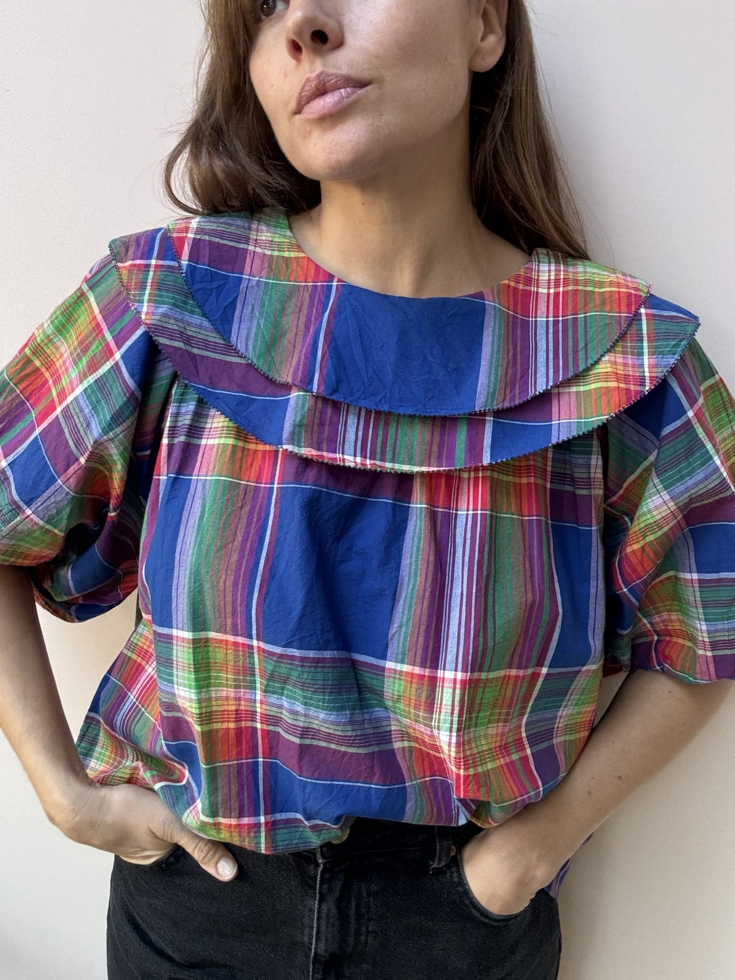 Colourful oversized collar top size 14