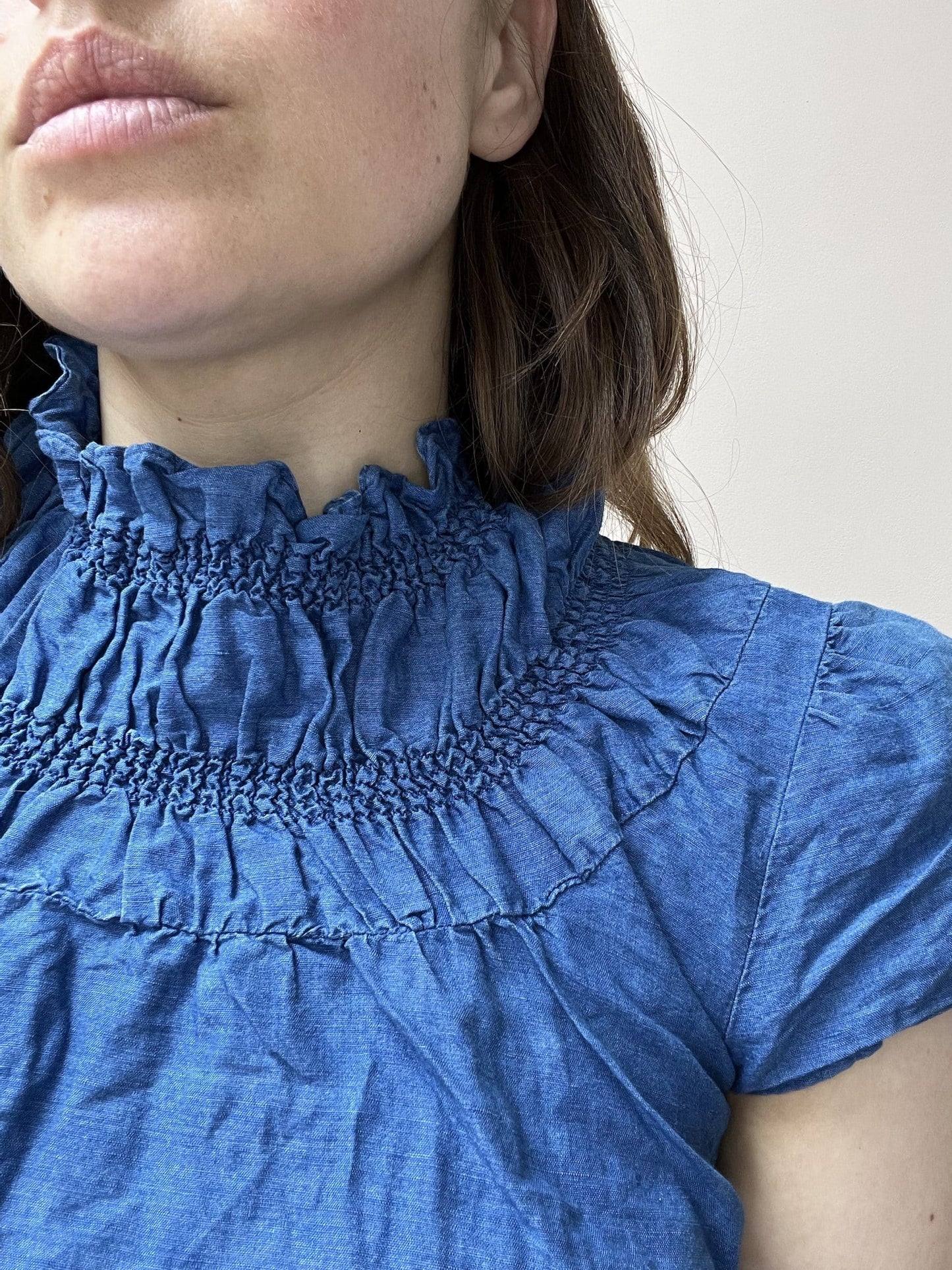 Blue denim ruffle neck top size 10/12