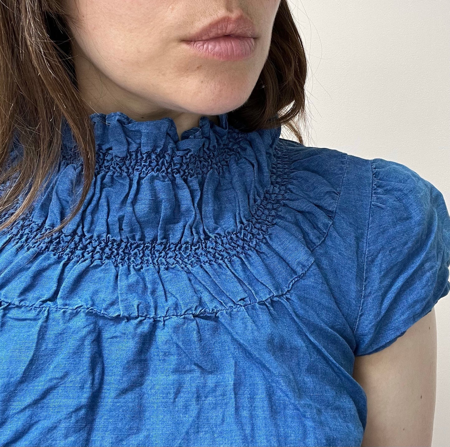 Blue denim ruffle neck top size 10/12