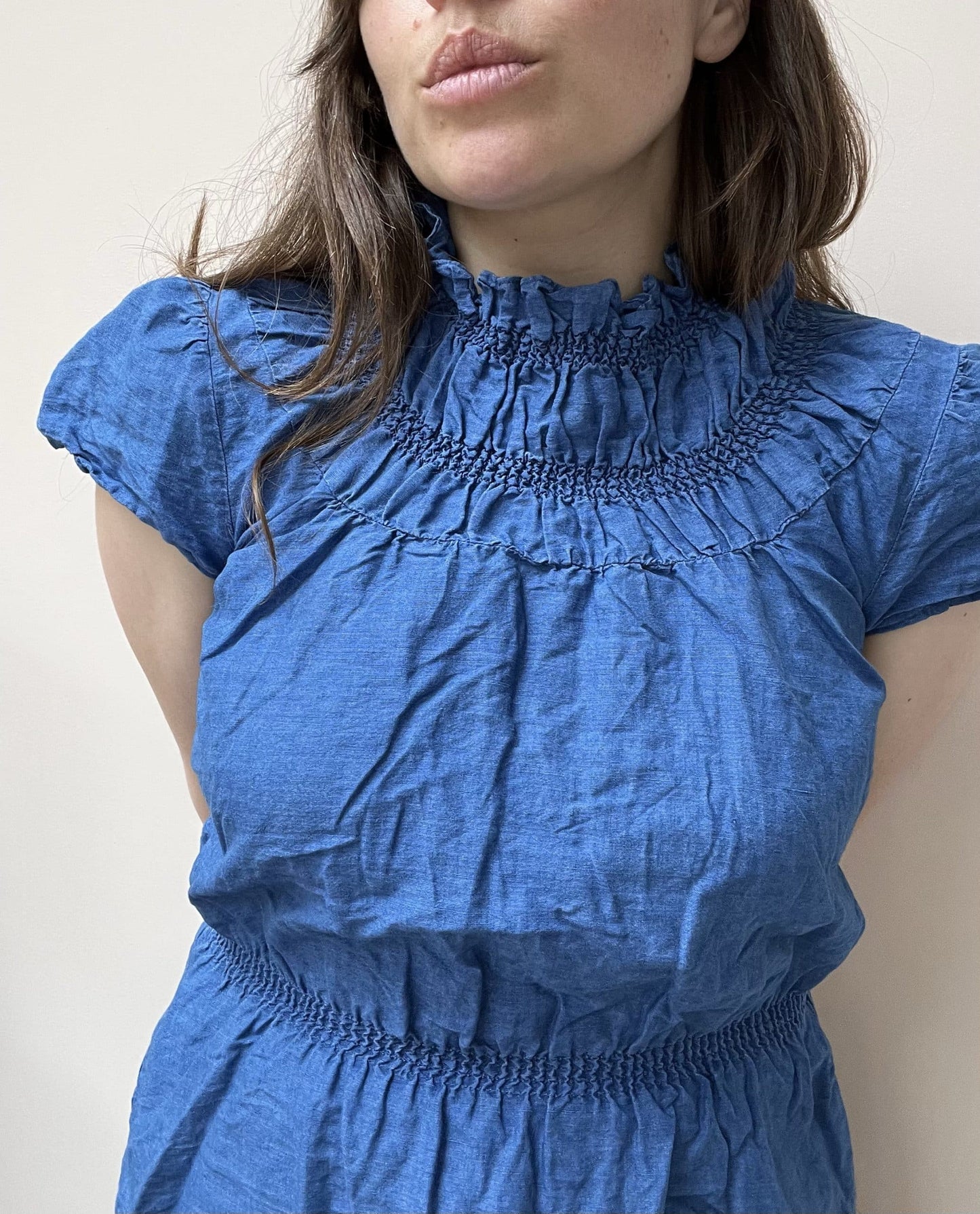 Blue denim ruffle neck top size 10/12