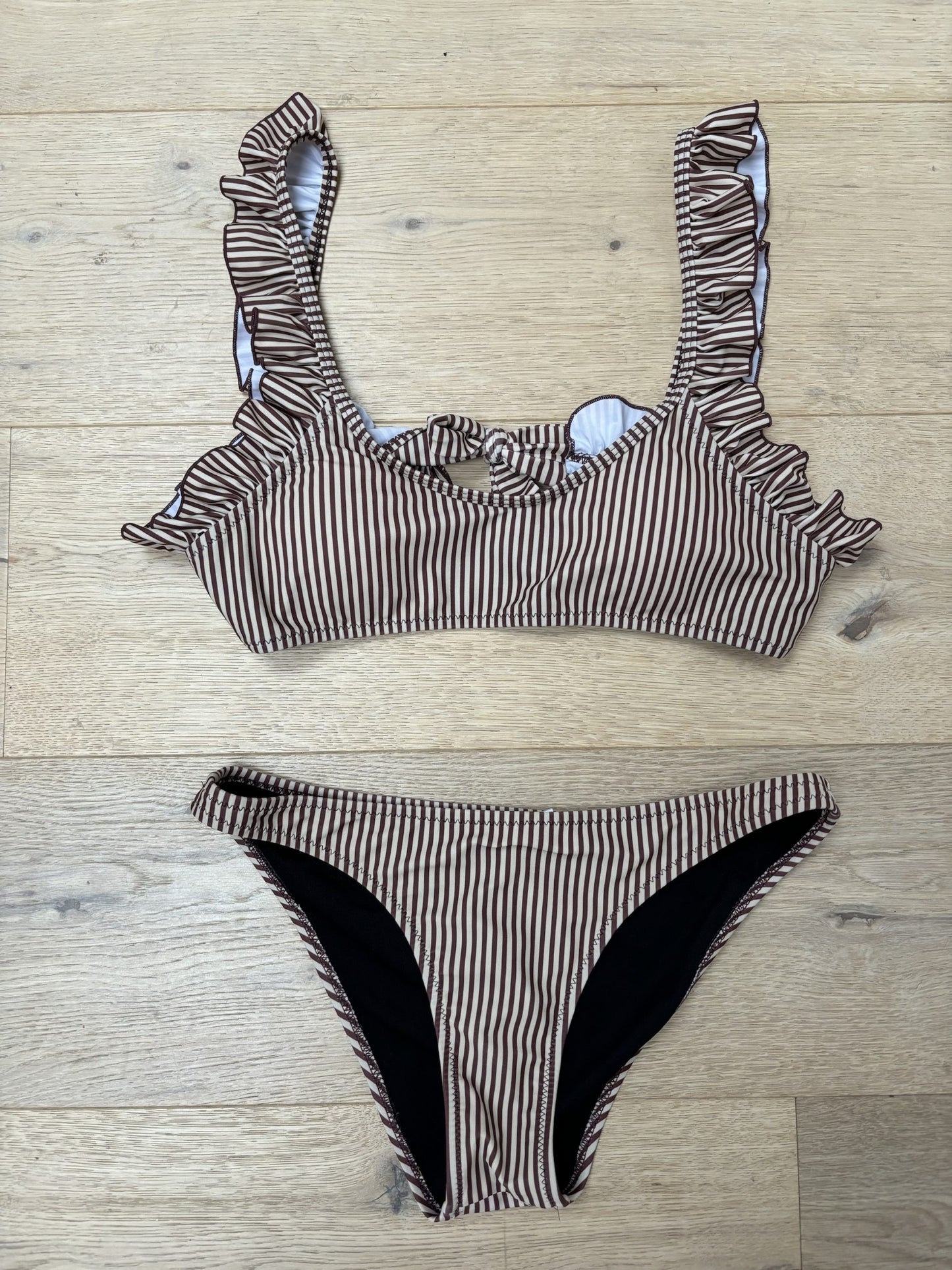 Brown beige striped frill bikini size M