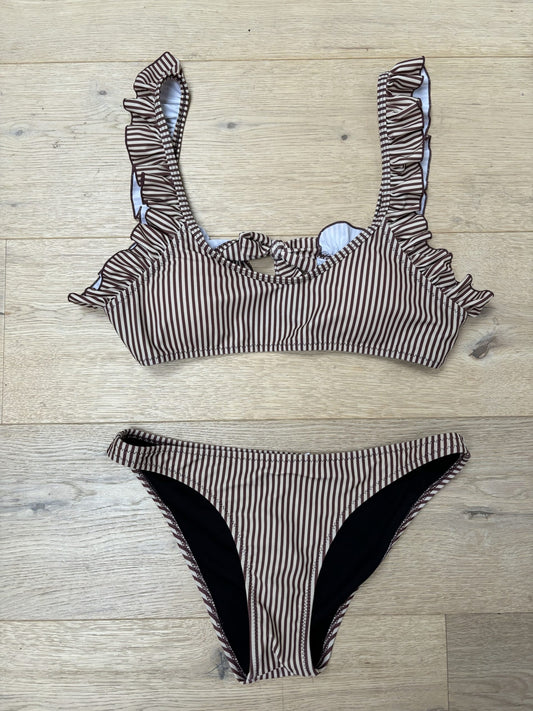 Brown beige striped frill bikini size M