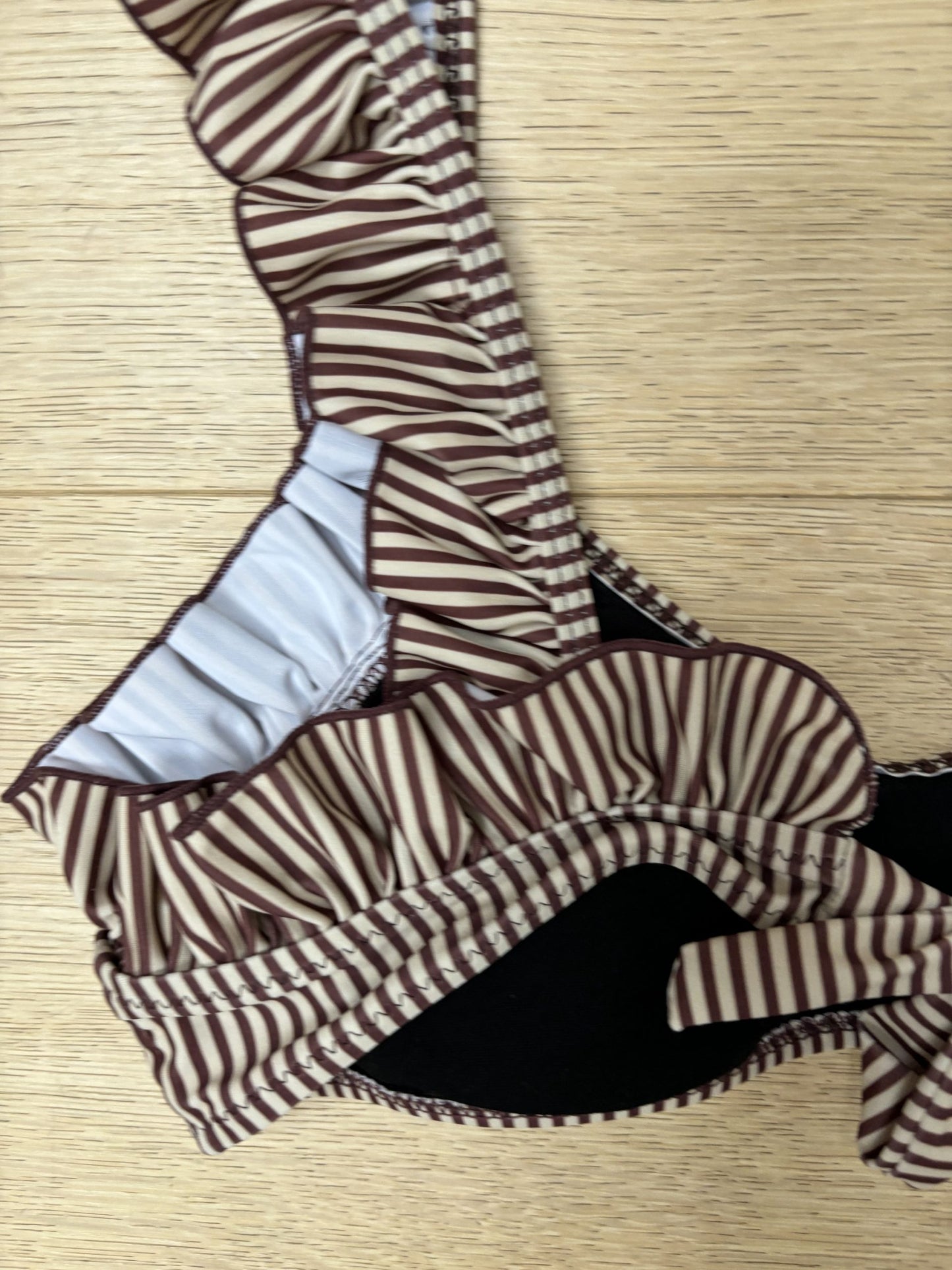 Brown beige striped frill bikini size M