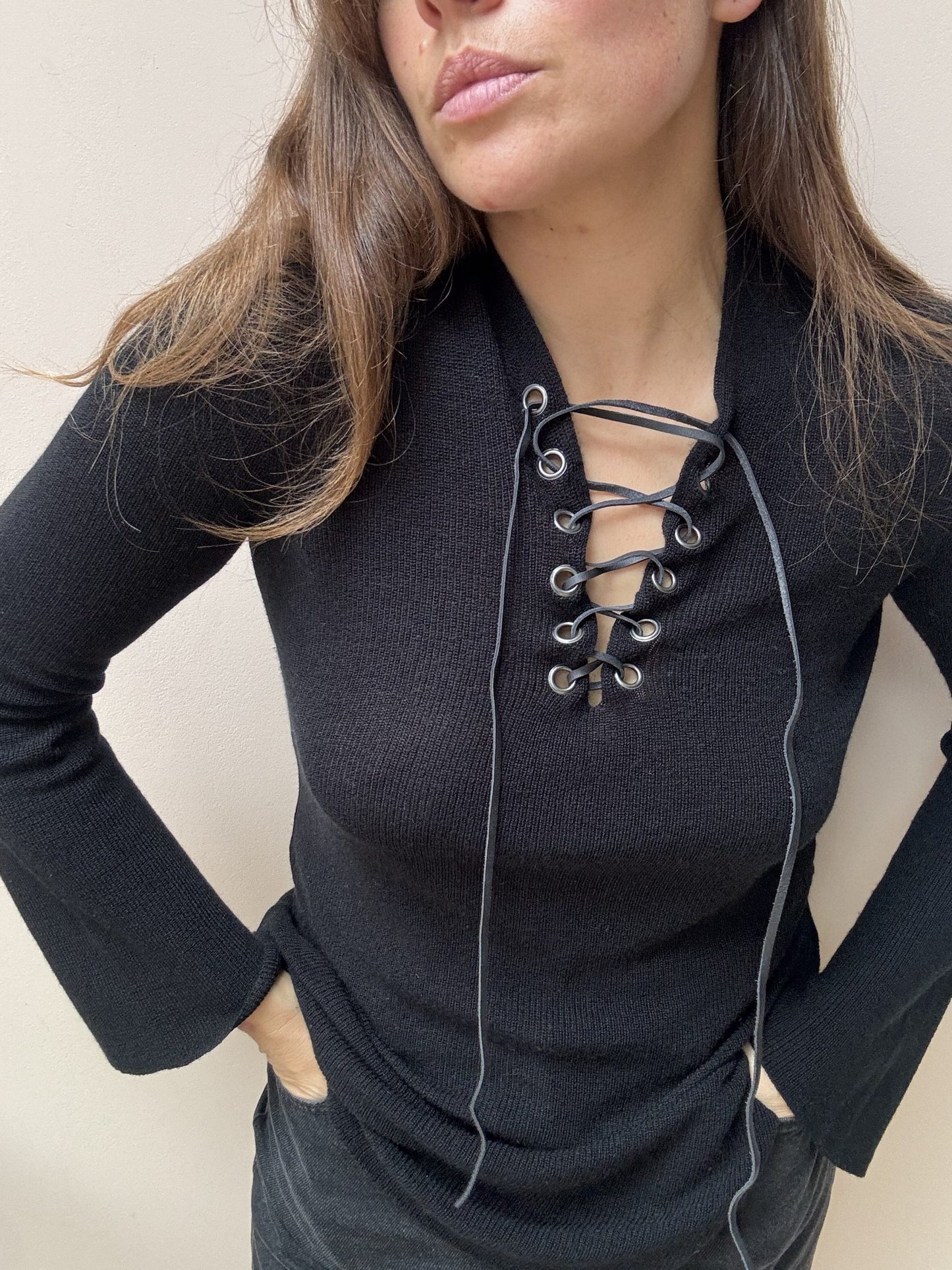 Wool mix top with leather lace tie front size Medium