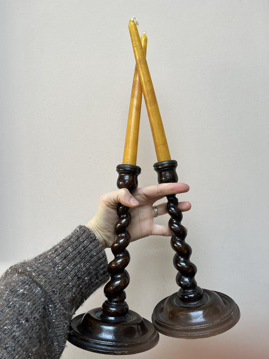 Stunning solid wood barley twist candles sticks x 2