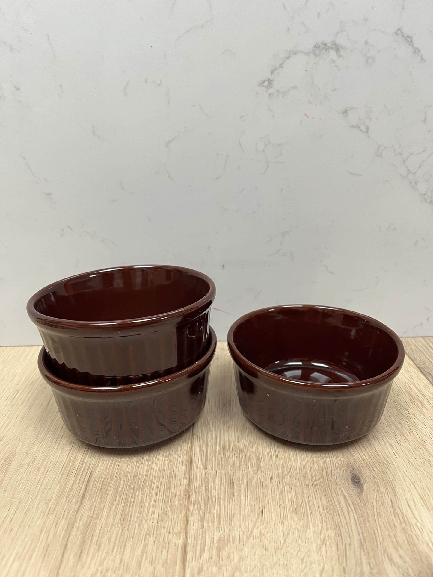 Little round brown bowls with ribbed sides x 3
