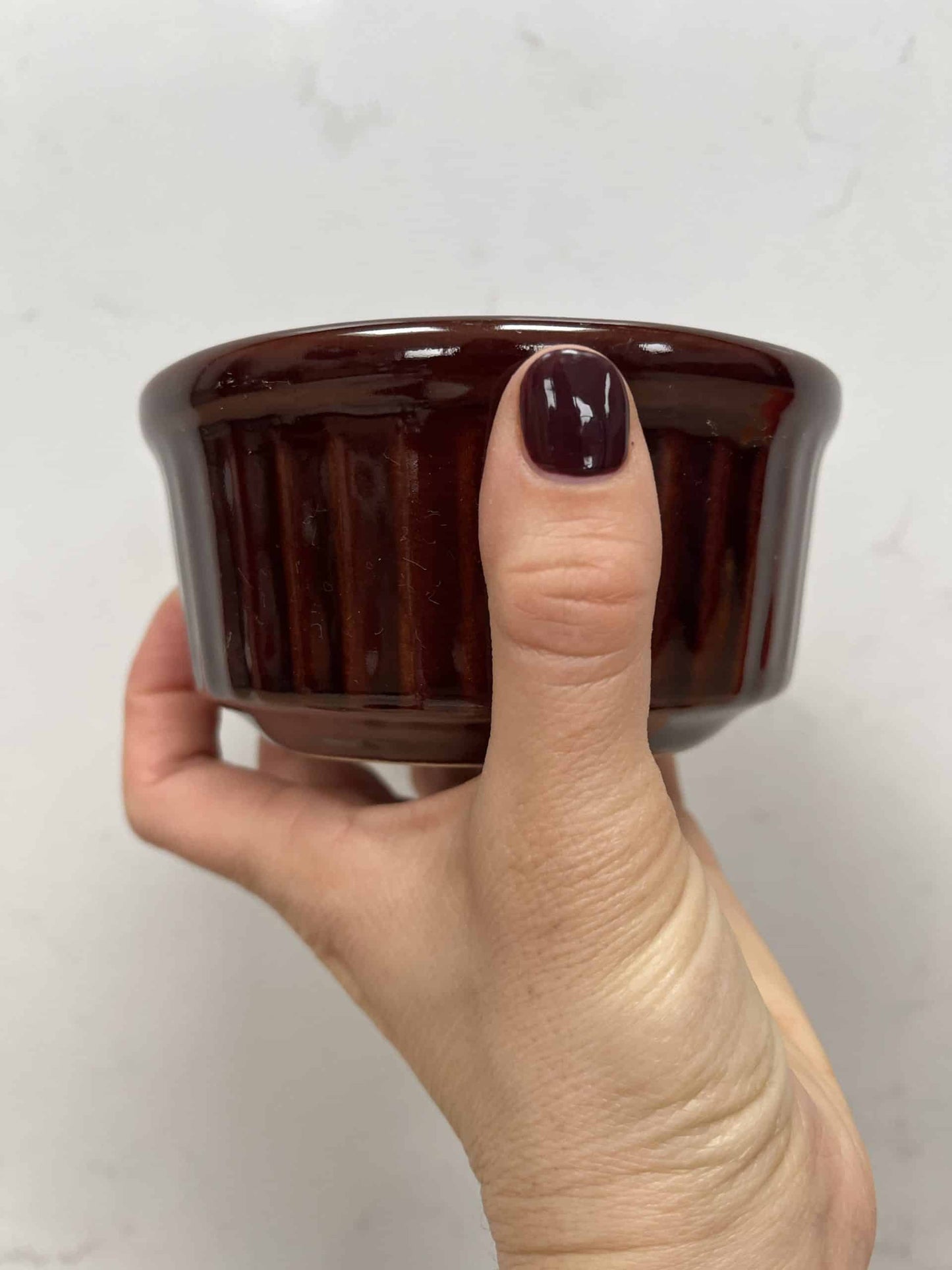 Little round brown bowls with ribbed sides x 3