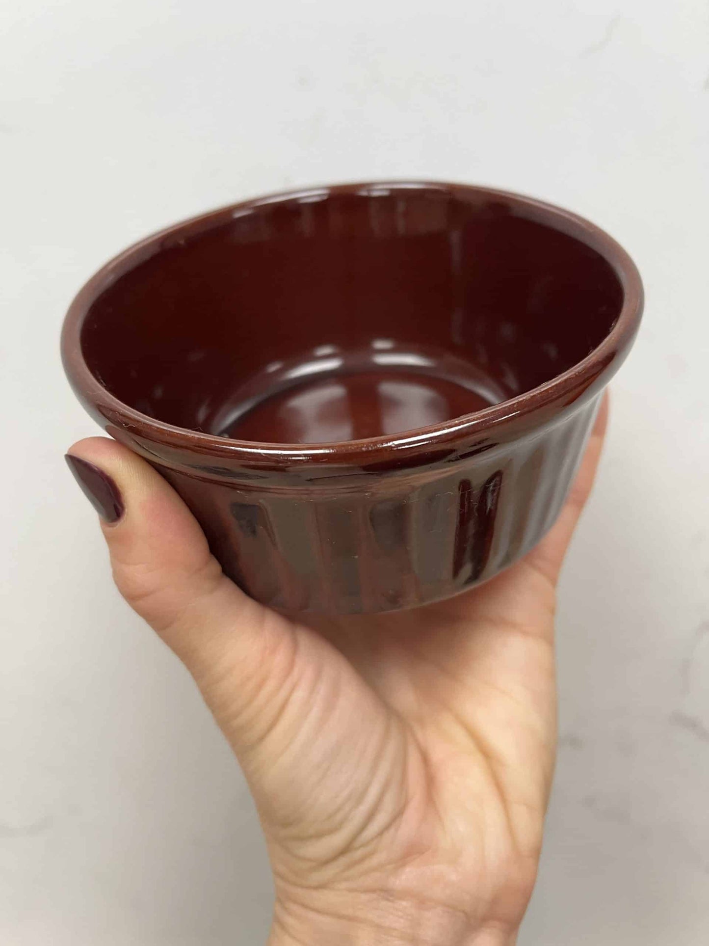 Little round brown bowls with ribbed sides x 3