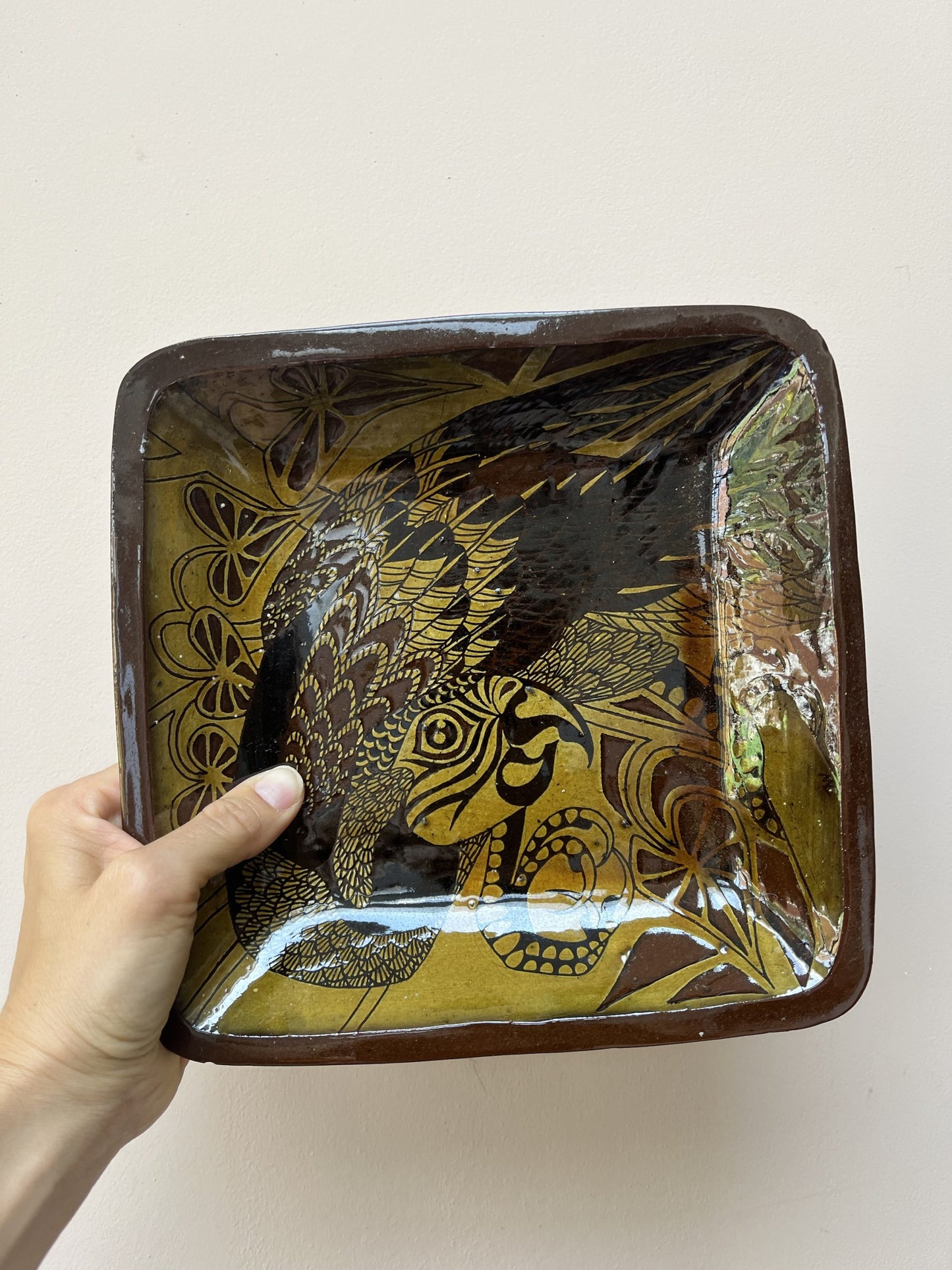 Vintage parrot glazed dish