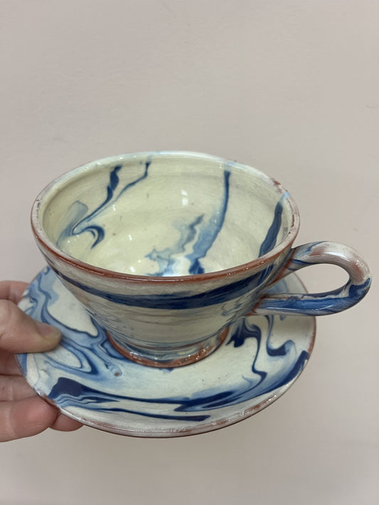 Blue cream marble swirl cup and saucer set
