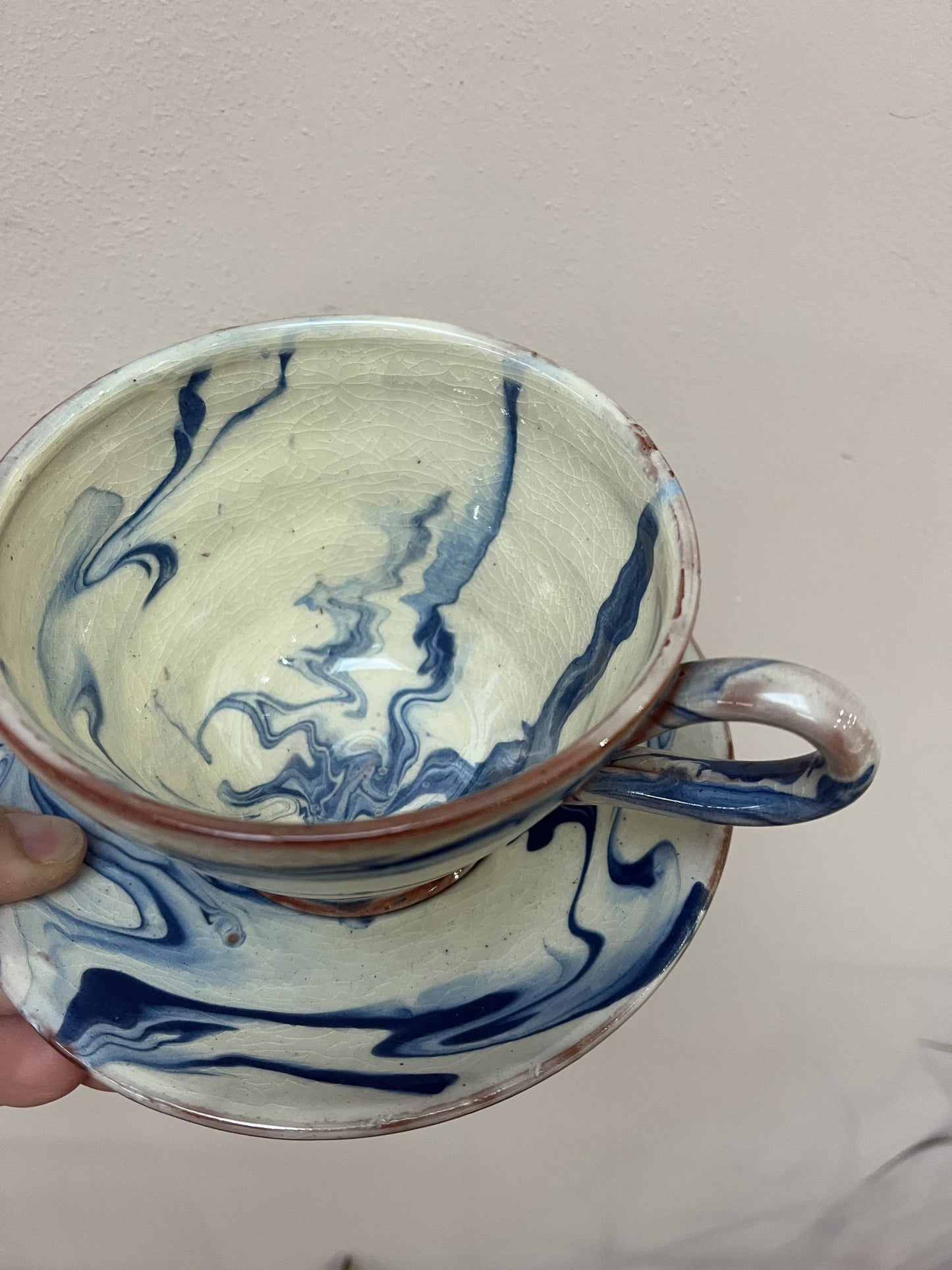 Blue cream marble swirl cup and saucer set