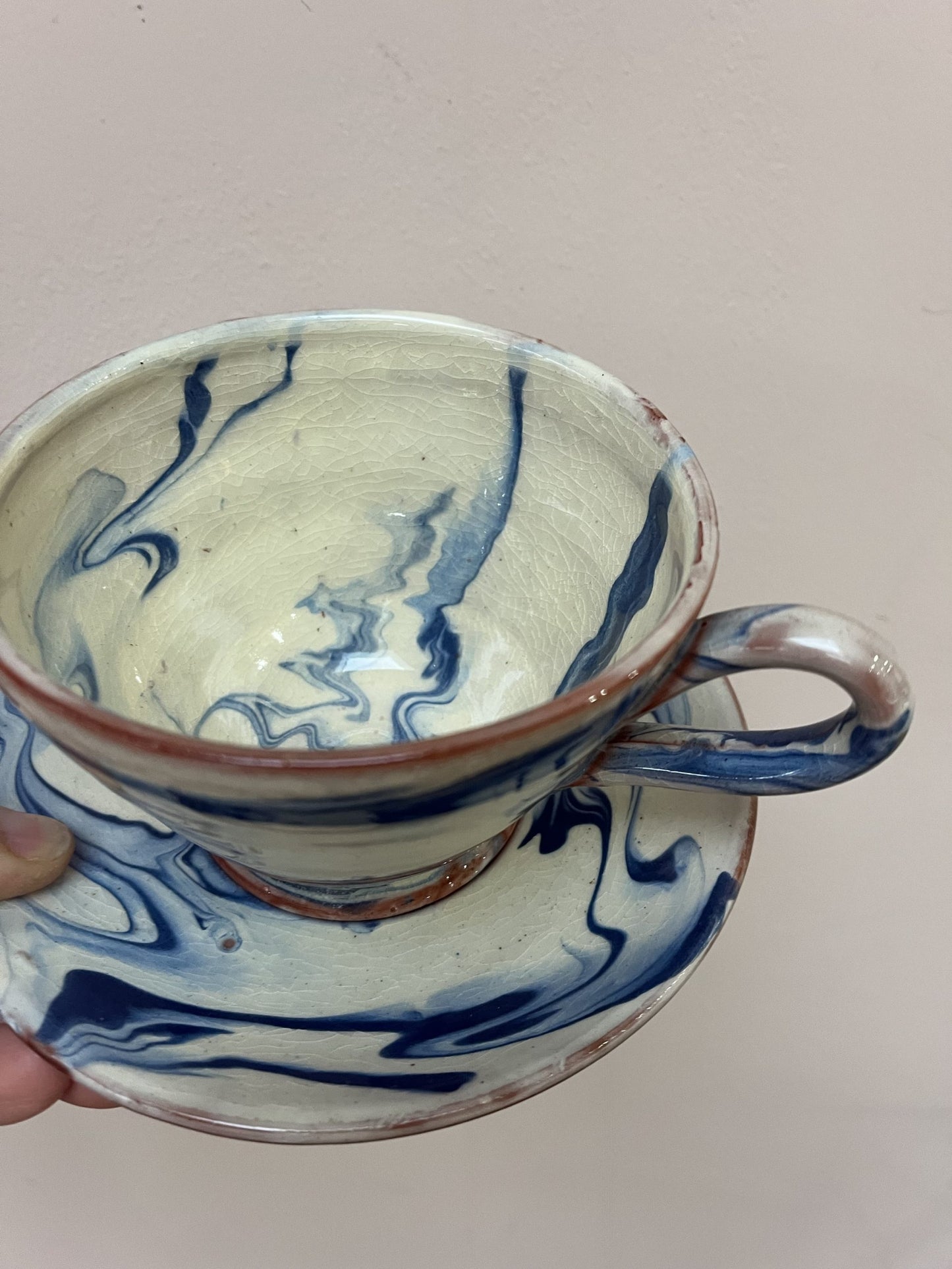 Blue cream marble swirl cup and saucer set